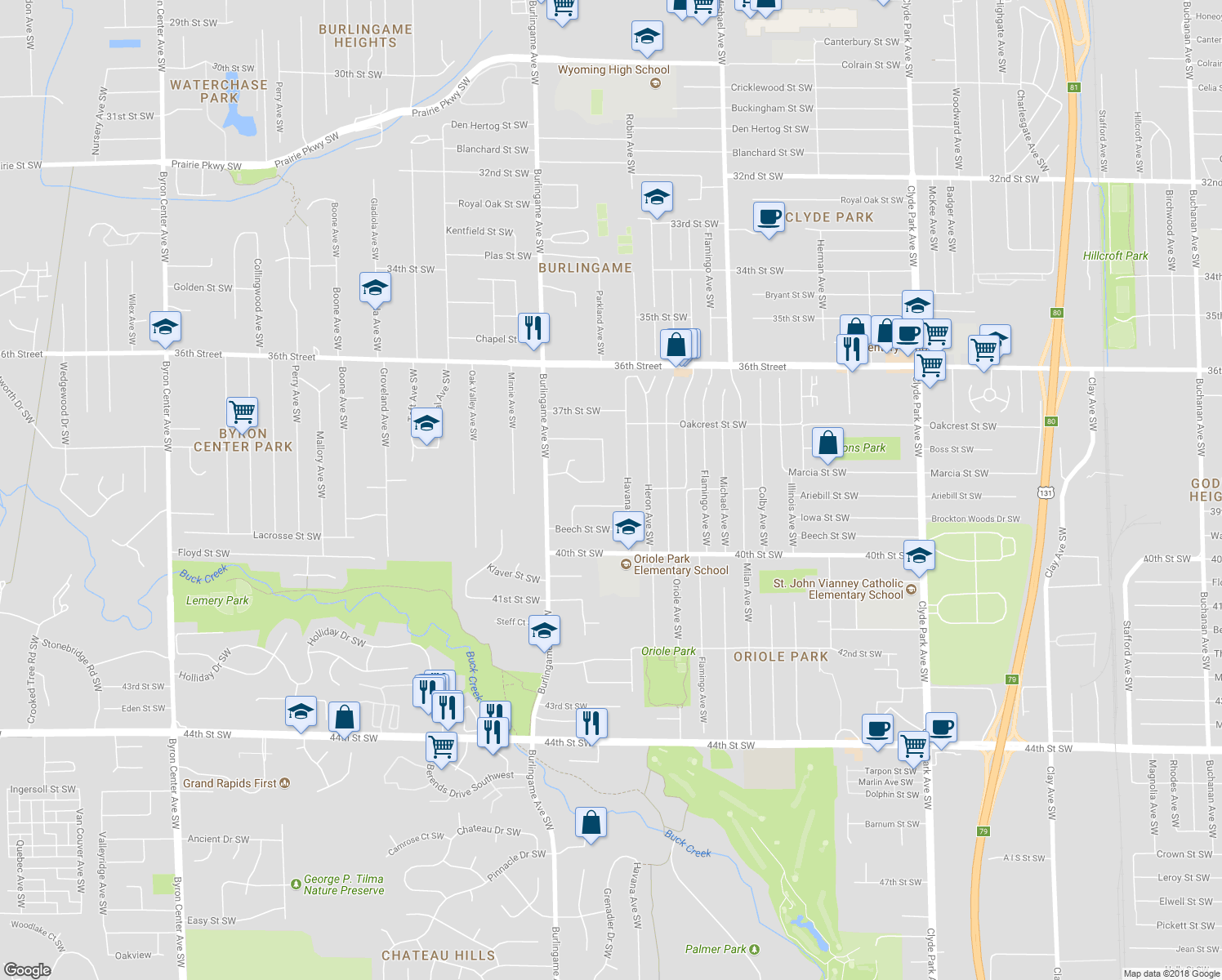 map of restaurants, bars, coffee shops, grocery stores, and more near 3830 Parkland Avenue Southwest in Wyoming