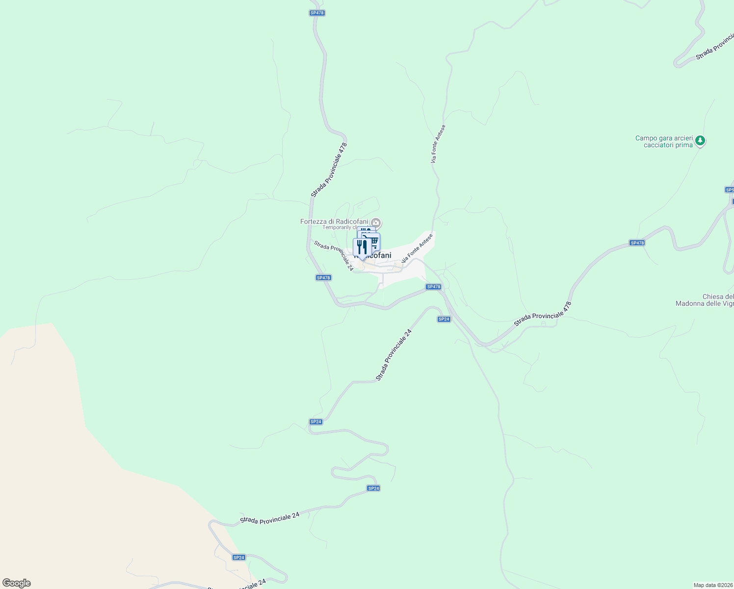 map of restaurants, bars, coffee shops, grocery stores, and more near 12 Strada Provinciale 478 in Radicofani