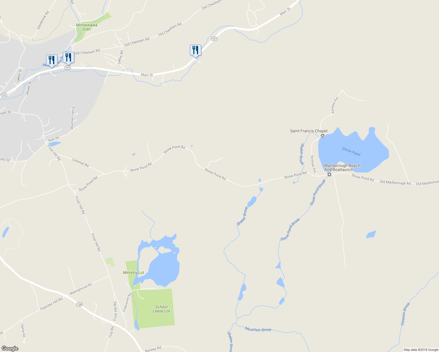 map of restaurants, bars, coffee shops, grocery stores, and more near Stone Pond Road in Marlborough