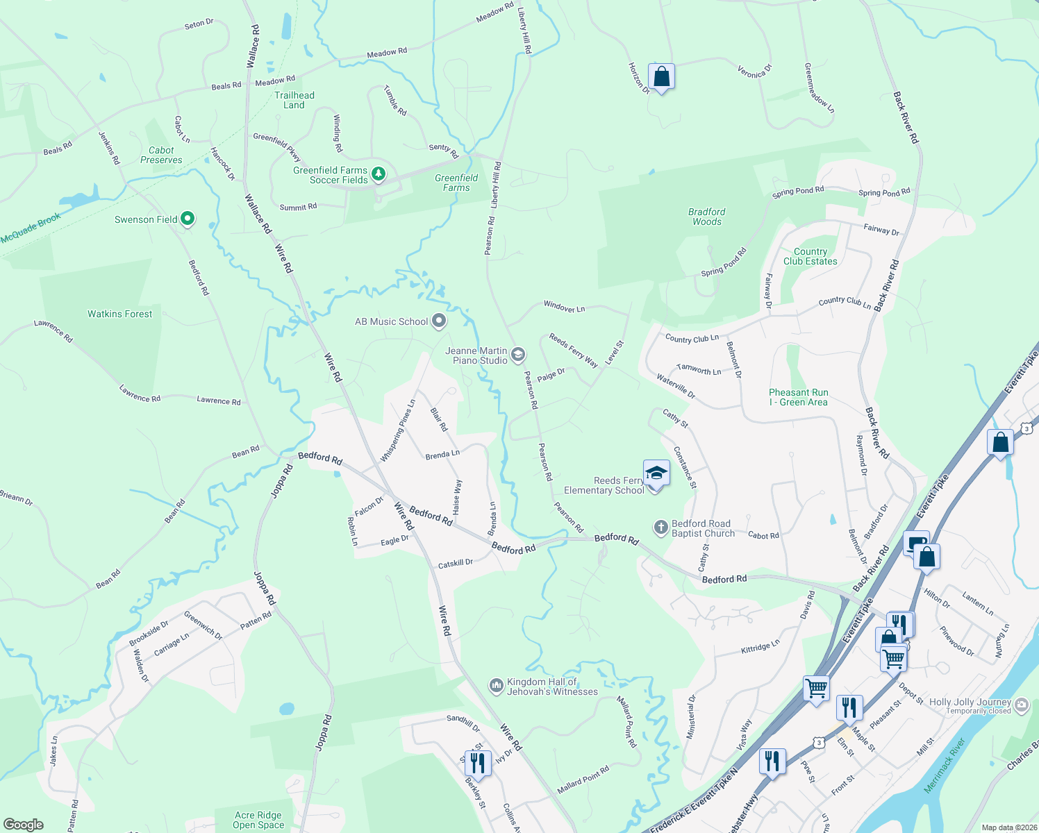 map of restaurants, bars, coffee shops, grocery stores, and more near 16 Woodhaven Cir in Merrimack