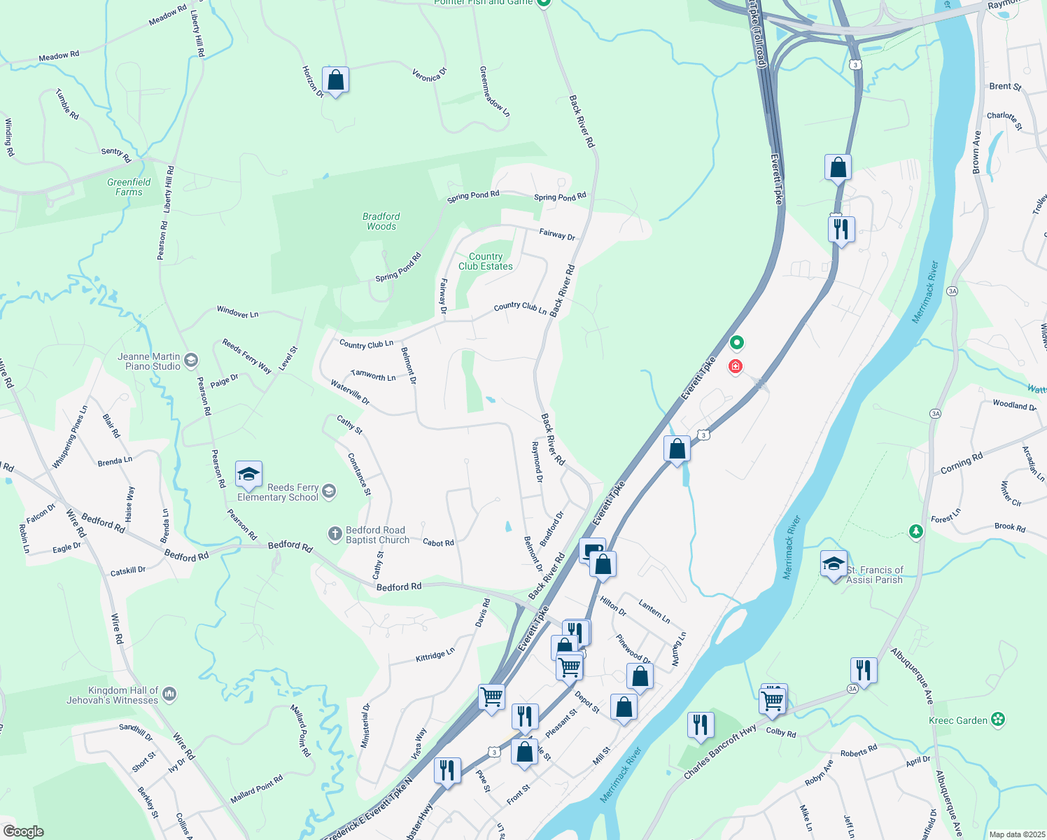 map of restaurants, bars, coffee shops, grocery stores, and more near 4 Ries Drive in Merrimack