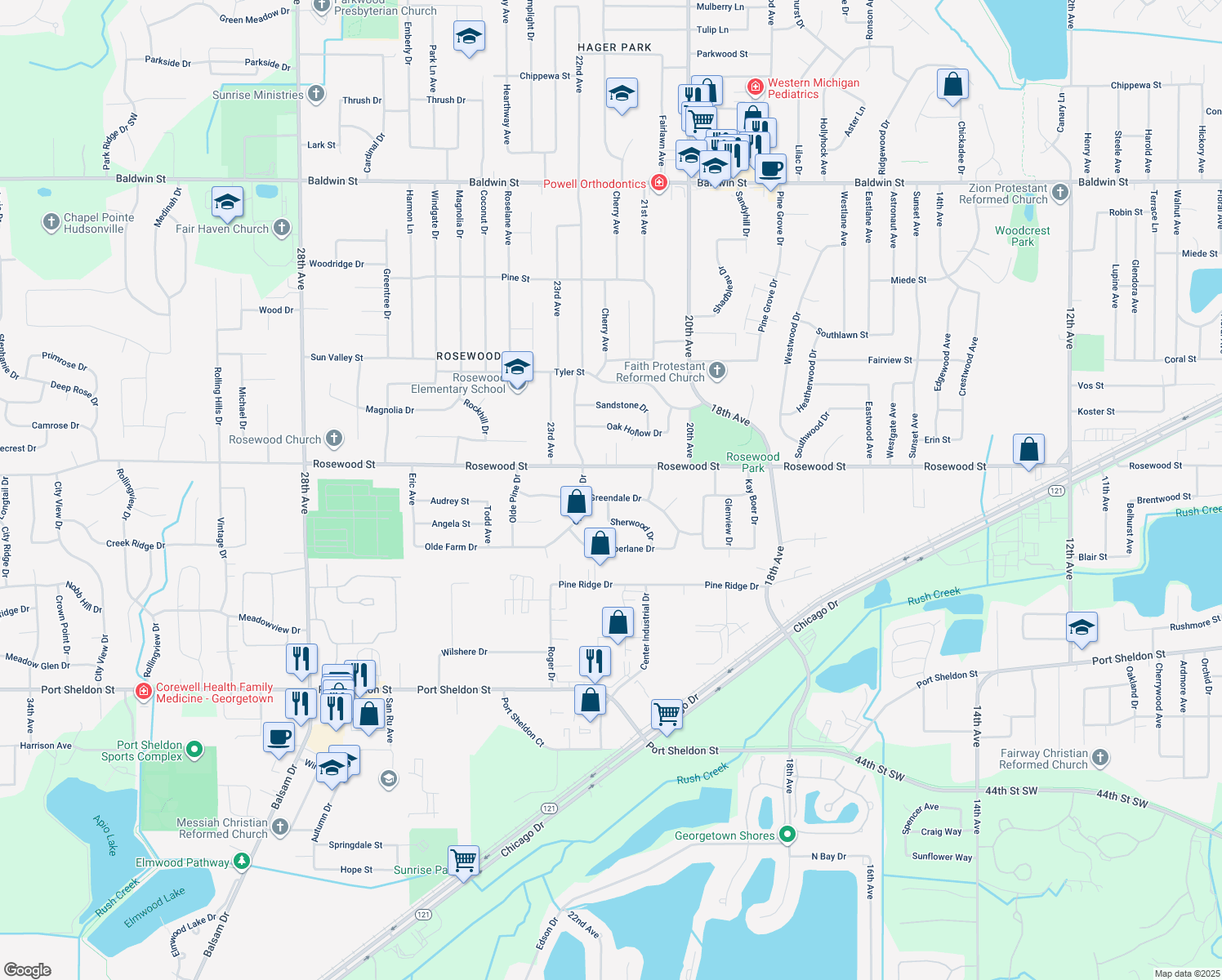 map of restaurants, bars, coffee shops, grocery stores, and more near 2165 Greendale Drive in Georgetown Township
