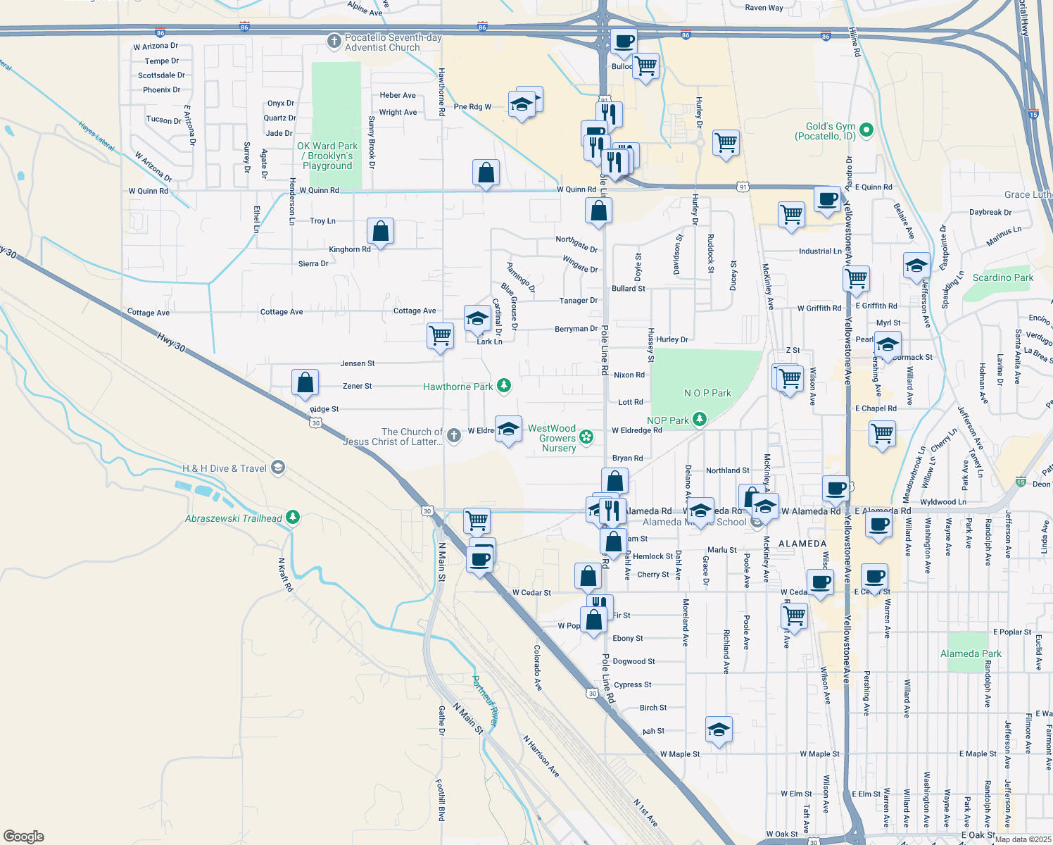 map of restaurants, bars, coffee shops, grocery stores, and more near 982 West Eldredge Road in Pocatello