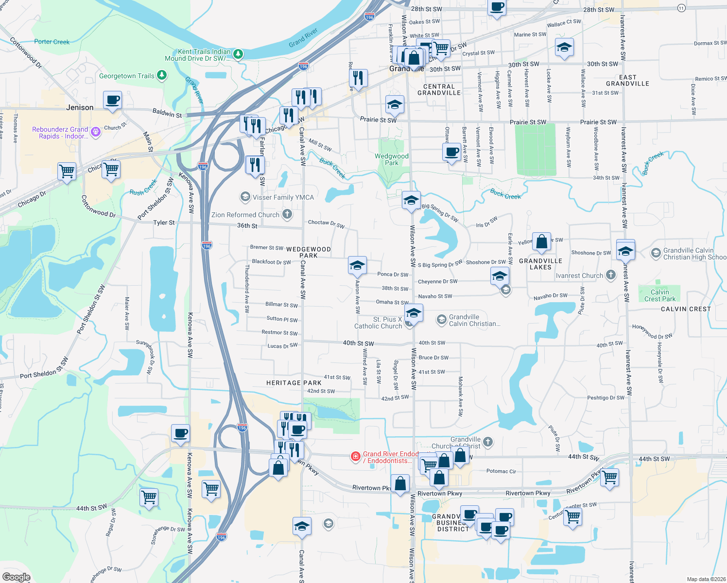 map of restaurants, bars, coffee shops, grocery stores, and more near 4152 38th St SW in Grandville