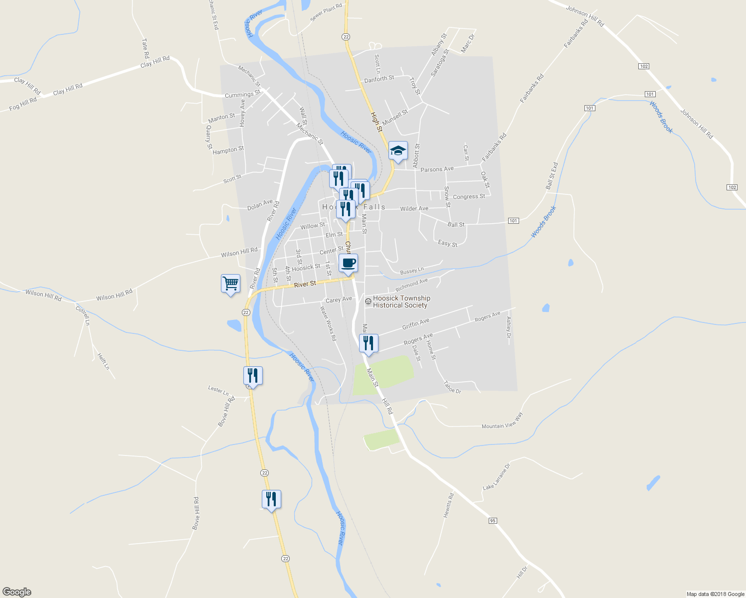 map of restaurants, bars, coffee shops, grocery stores, and more near 1 Richmond Avenue in Hoosick Falls