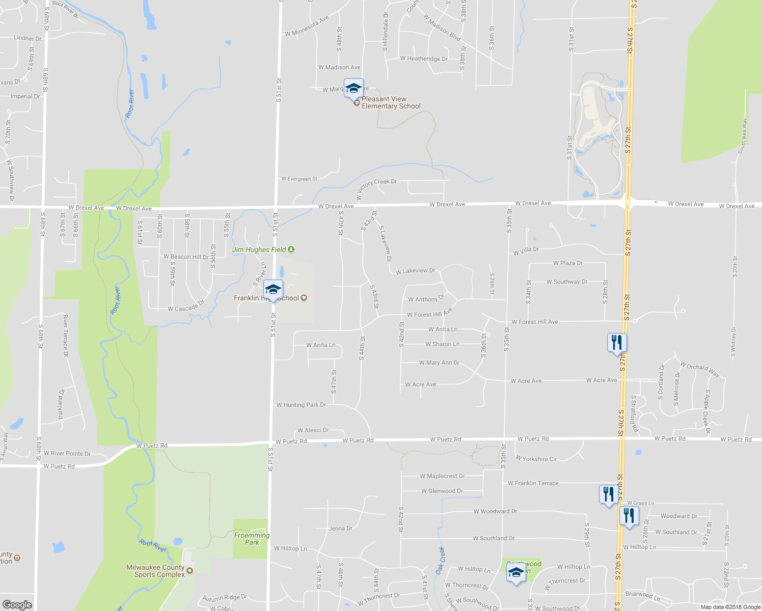 map of restaurants, bars, coffee shops, grocery stores, and more near 8240 South 43rd Street in Franklin