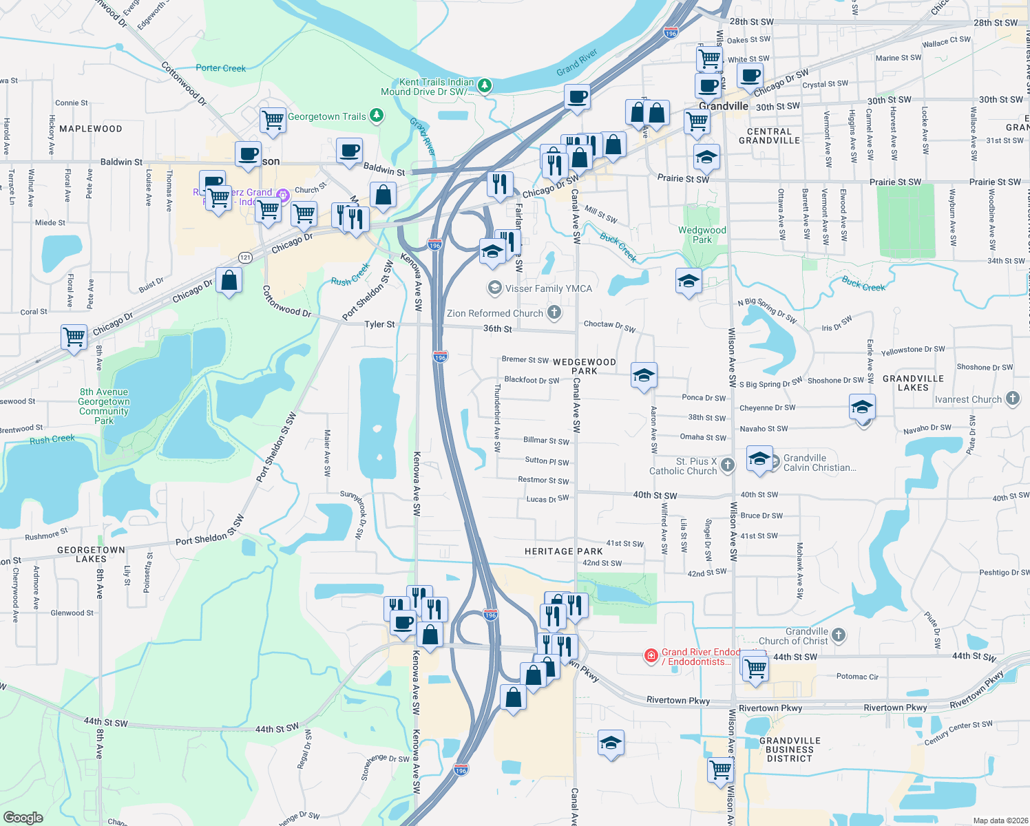 map of restaurants, bars, coffee shops, grocery stores, and more near 4553 Wyatt Street Southwest in Grandville