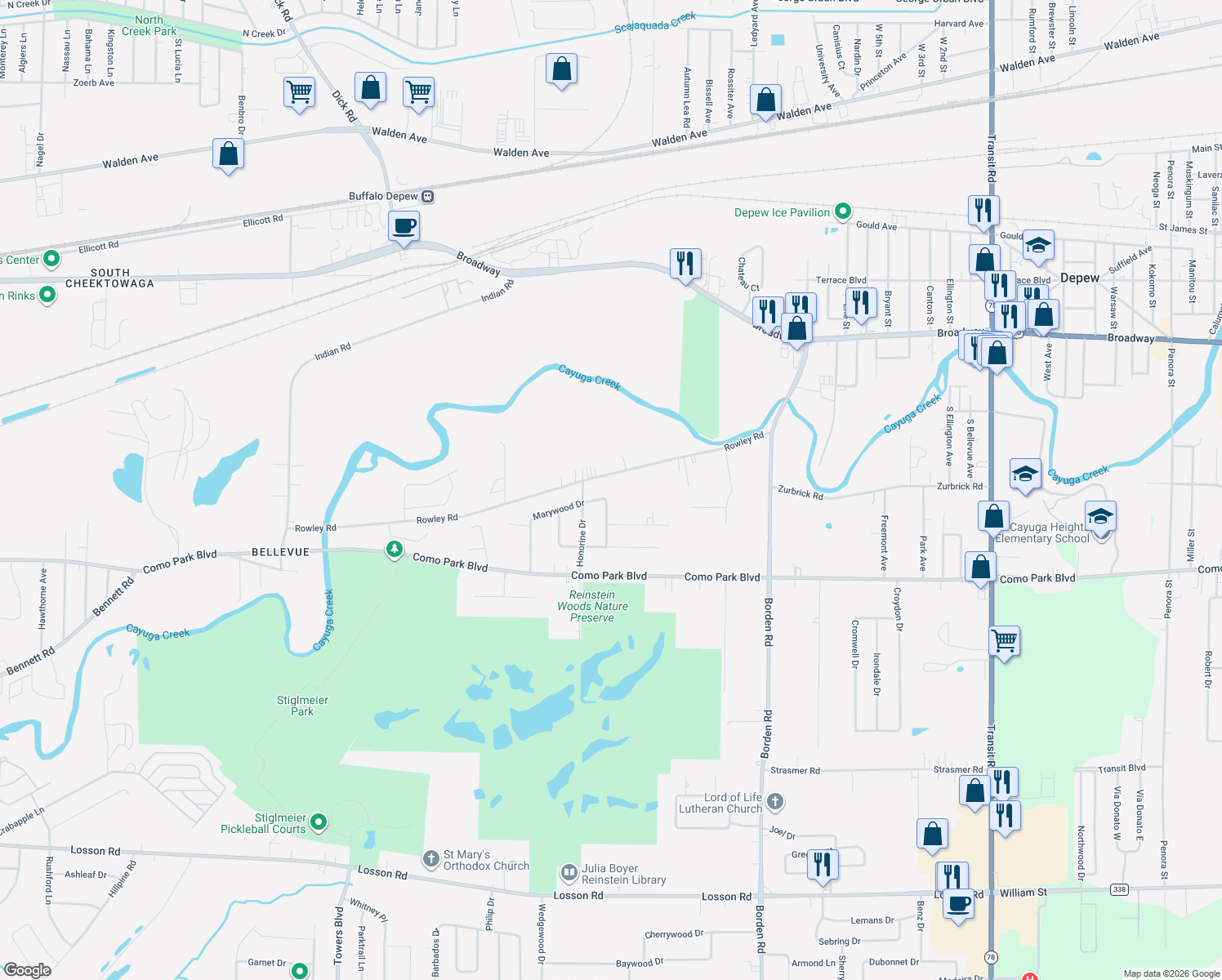 map of restaurants, bars, coffee shops, grocery stores, and more near 96 Marywood Drive in Depew