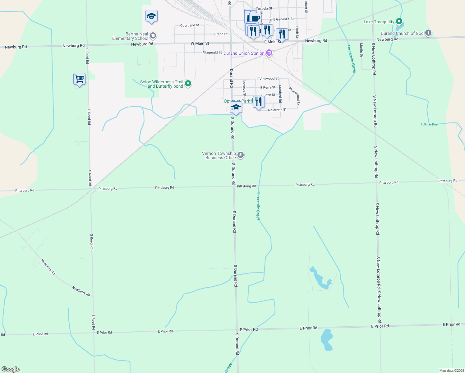map of restaurants, bars, coffee shops, grocery stores, and more near 8998 Pittsburg Road in Durand