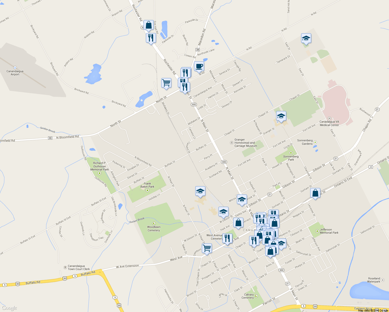 map of restaurants, bars, coffee shops, grocery stores, and more near 73 Buffalo St in Canandaigua