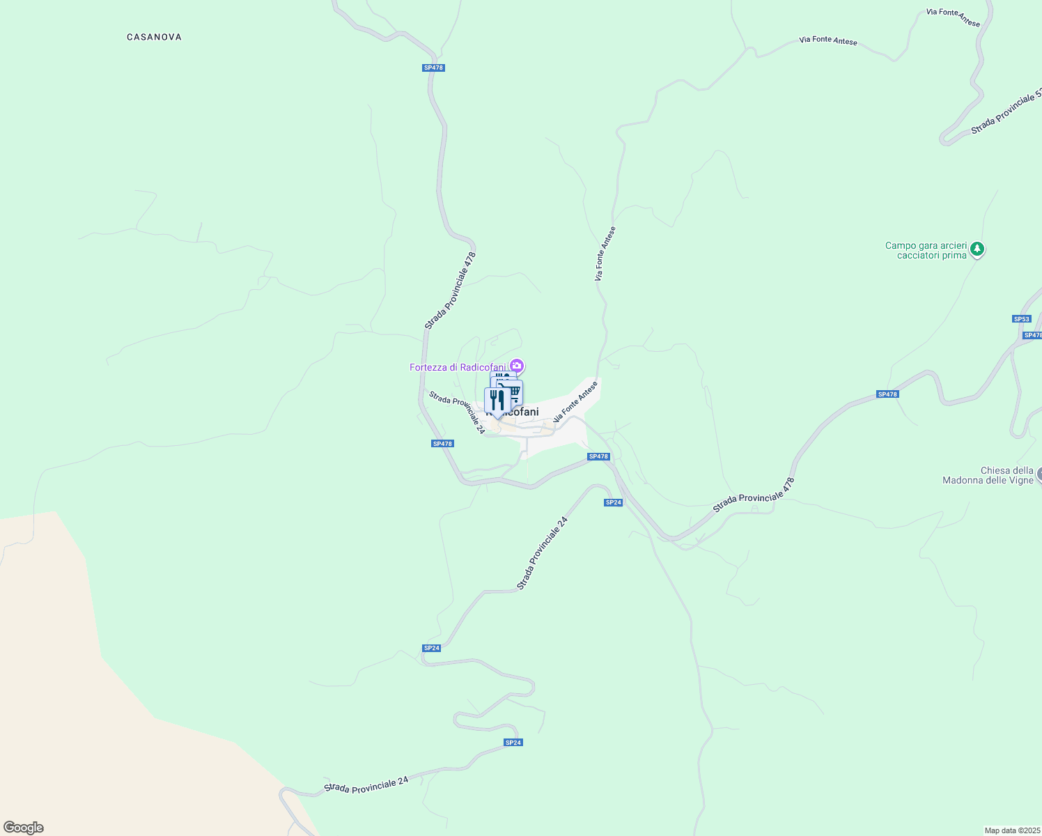 map of restaurants, bars, coffee shops, grocery stores, and more near 1A Piazza Beato Guglielmo in Radicofani
