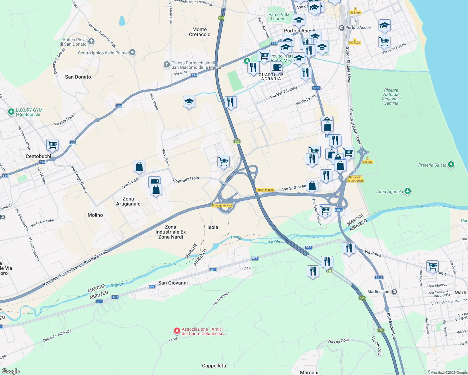 map of restaurants, bars, coffee shops, grocery stores, and more near 16 Contrada Isola in Ascoli Piceno