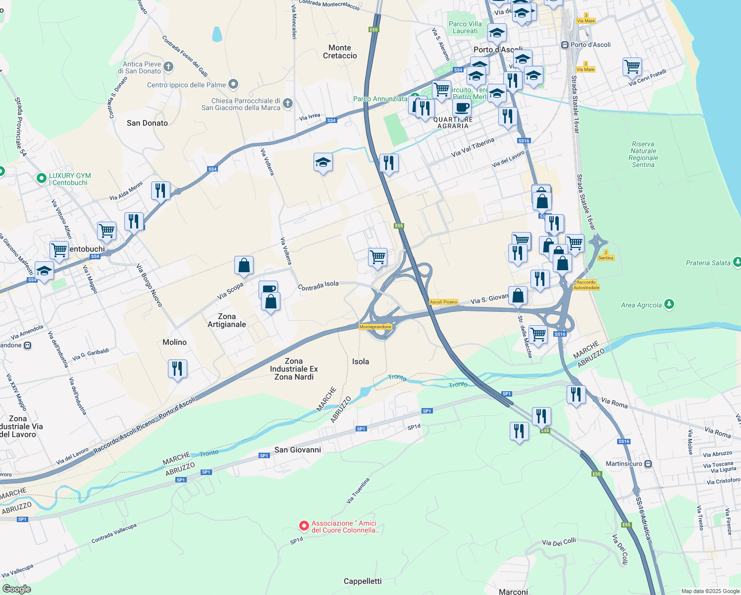 map of restaurants, bars, coffee shops, grocery stores, and more near 14 Contrada Isola in Provincia di Ascoli Piceno