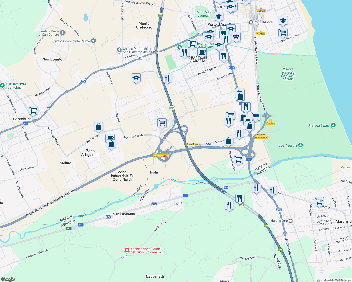 map of restaurants, bars, coffee shops, grocery stores, and more near 16 Contrada Isola in Artigianale Sudovest