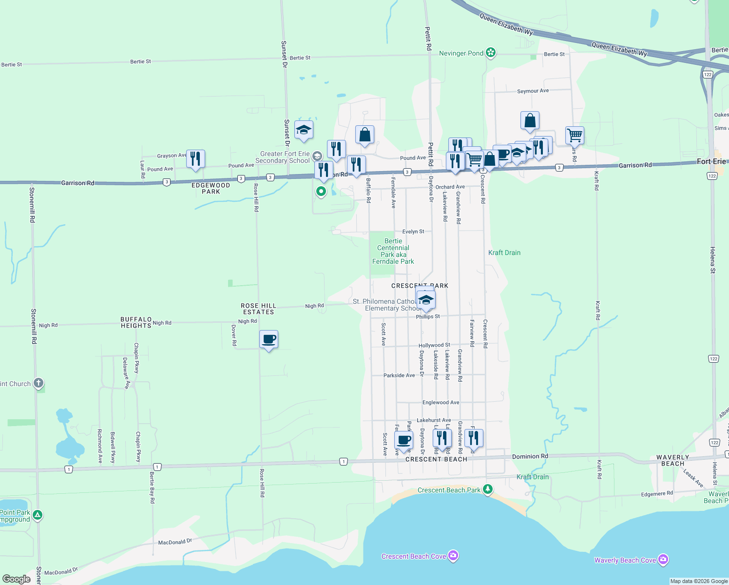 map of restaurants, bars, coffee shops, grocery stores, and more near 783 Buffalo Road in Fort Erie
