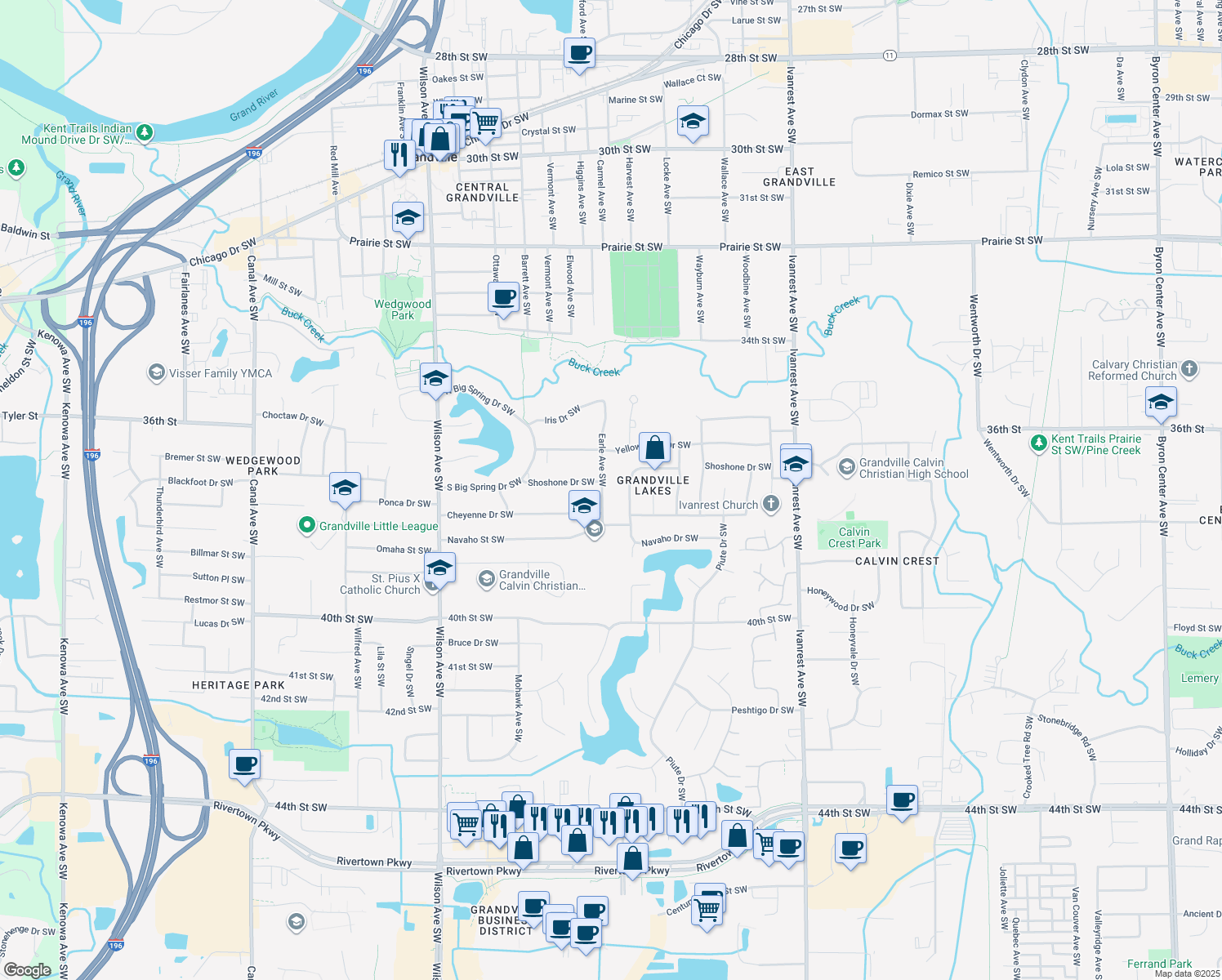 map of restaurants, bars, coffee shops, grocery stores, and more near 3718 Earle Avenue Southwest in Grandville