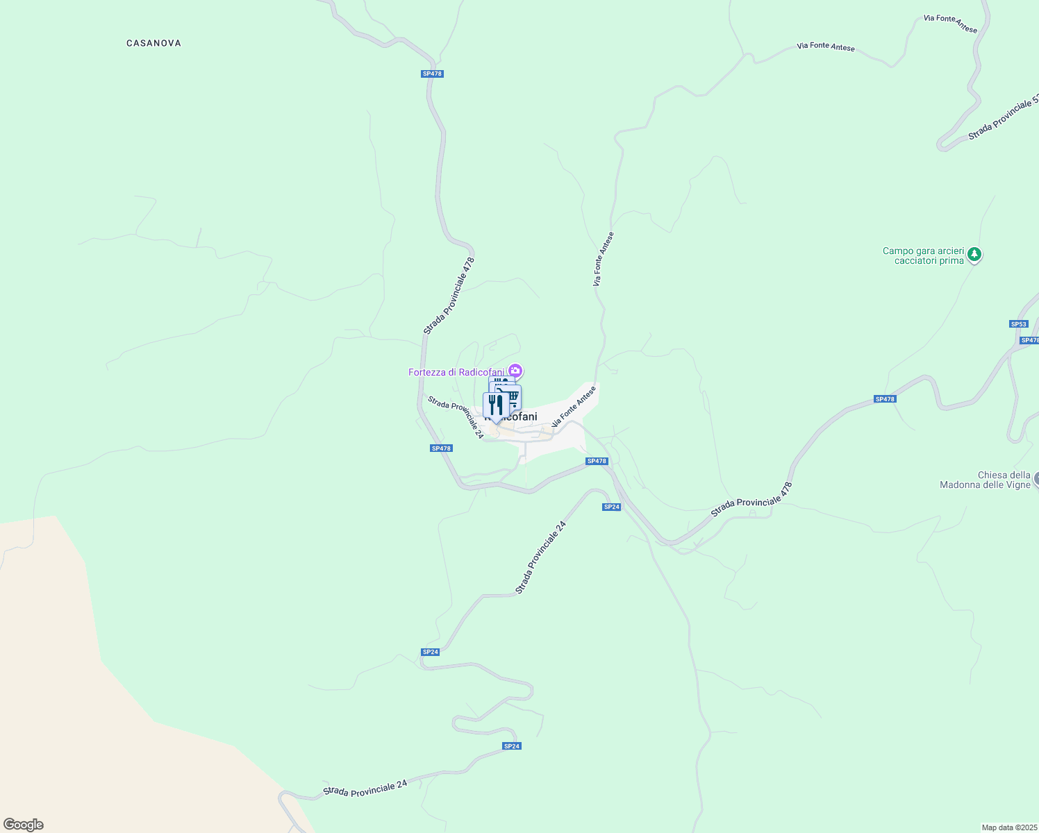 map of restaurants, bars, coffee shops, grocery stores, and more near 1A Piazza Beato Guglielmo in Radicofani
