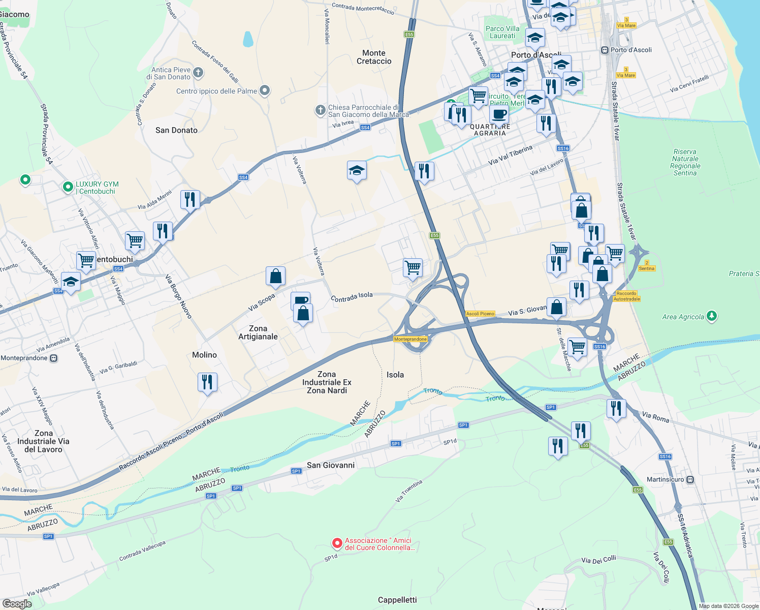 map of restaurants, bars, coffee shops, grocery stores, and more near 4 Contrada Isola Ovest in Provincia di Ascoli Piceno
