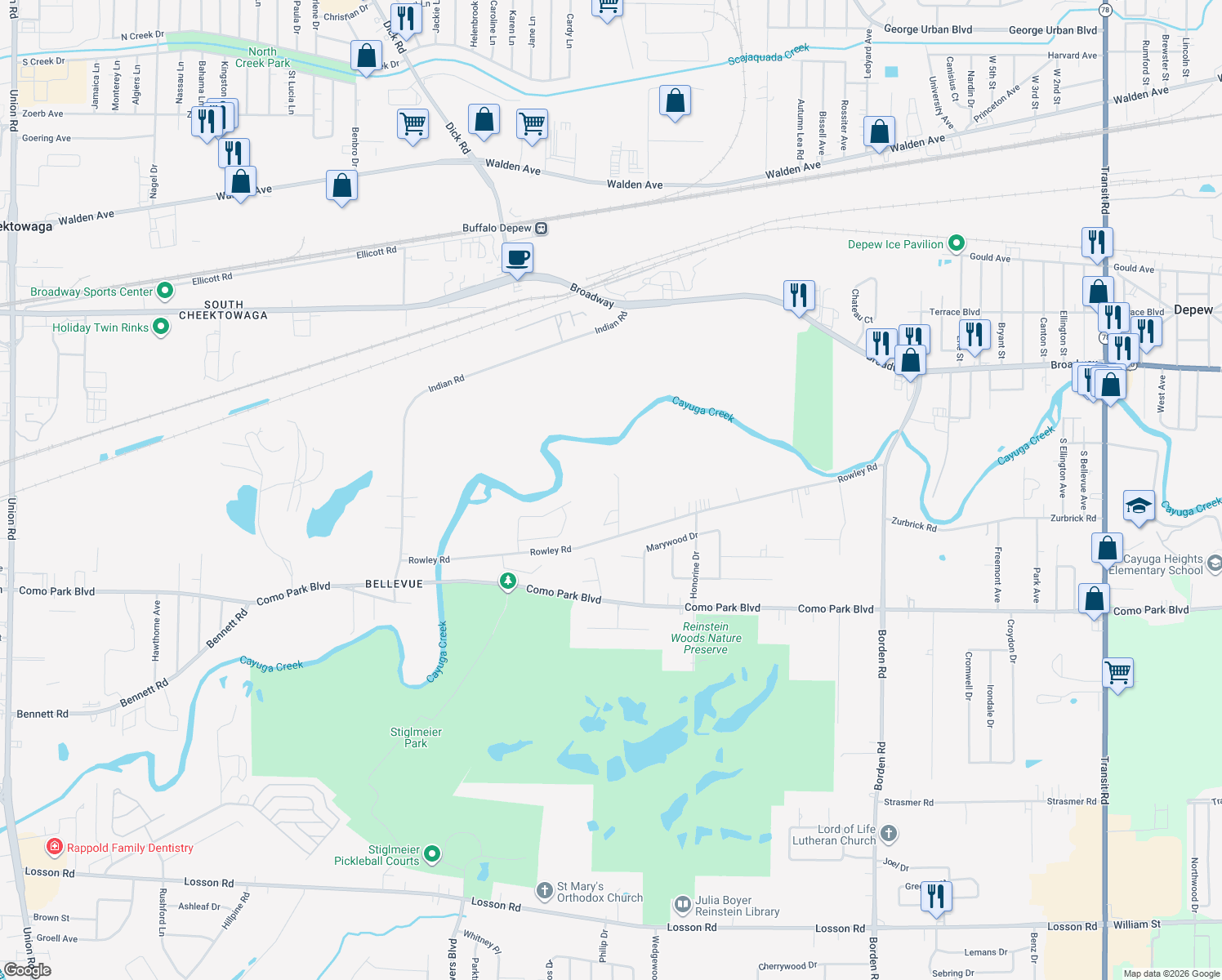 map of restaurants, bars, coffee shops, grocery stores, and more near 34 Old Farm Rd in Depew