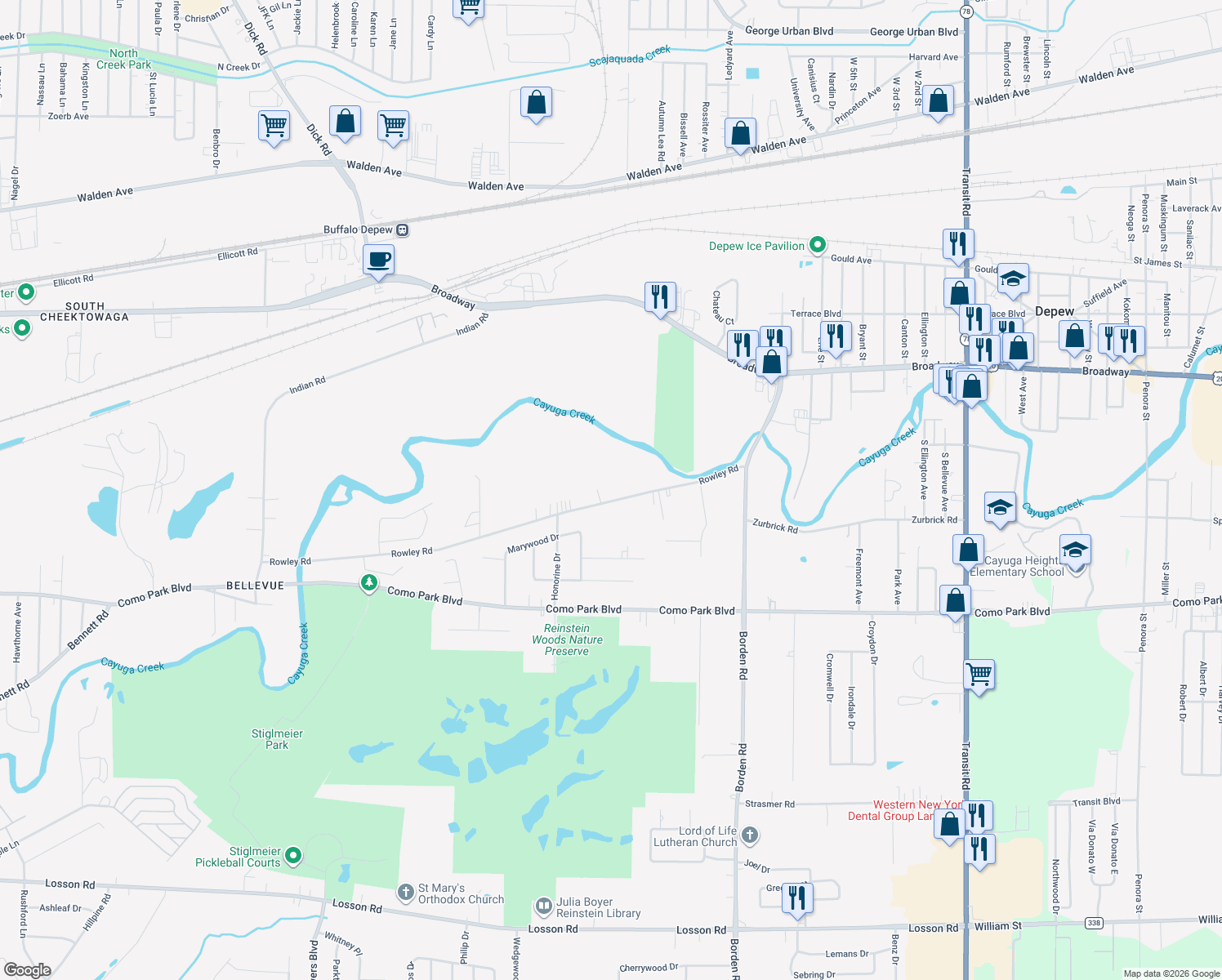 map of restaurants, bars, coffee shops, grocery stores, and more near 510 Rowley Rd in Depew