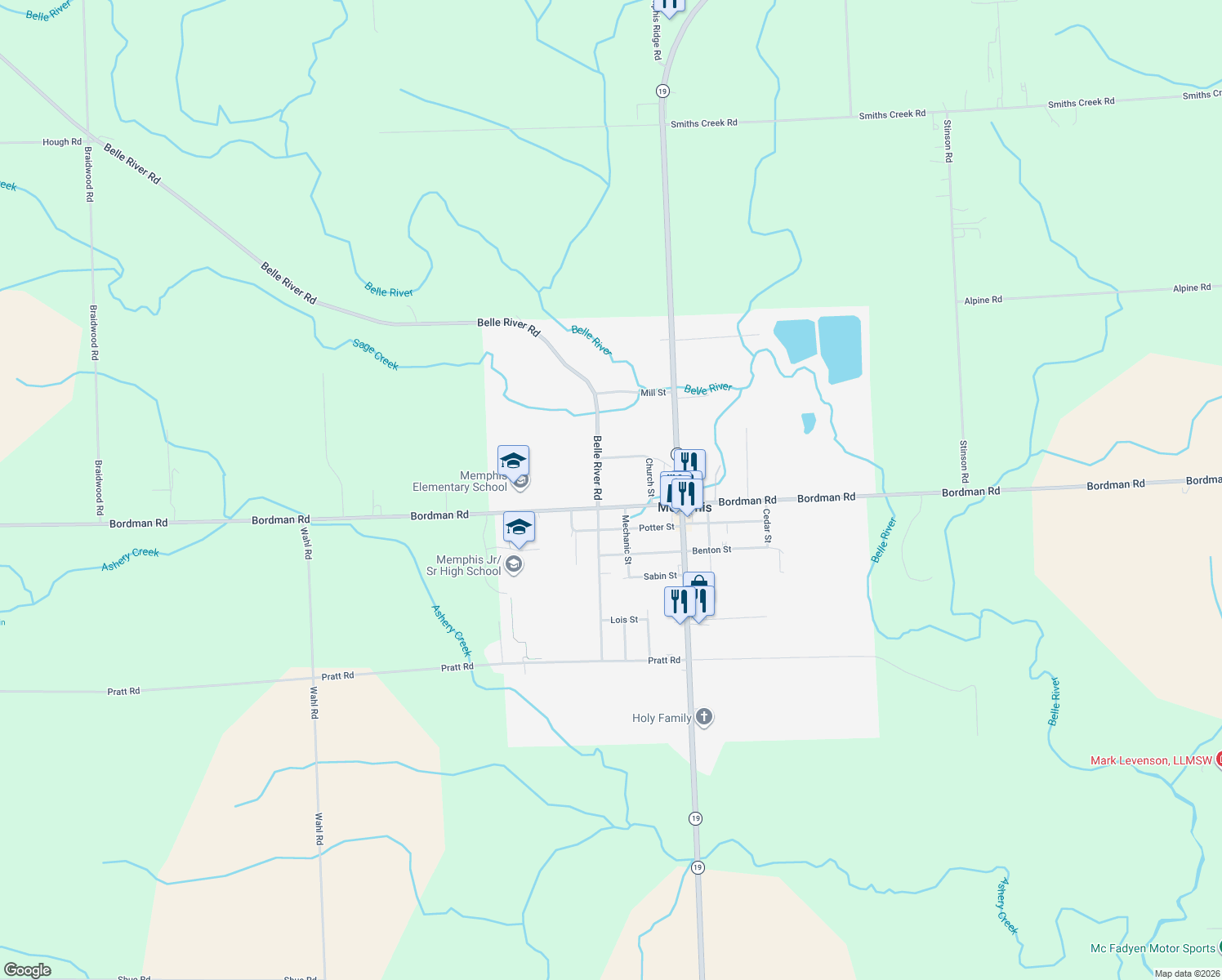 map of restaurants, bars, coffee shops, grocery stores, and more near 81112 Belle River Road in Memphis
