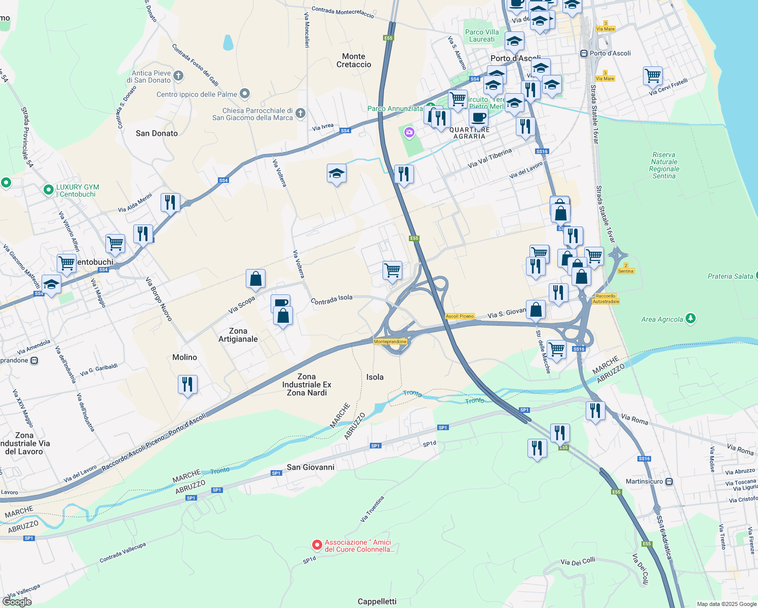 map of restaurants, bars, coffee shops, grocery stores, and more near 14 Contrada Isola in Provincia di Ascoli Piceno
