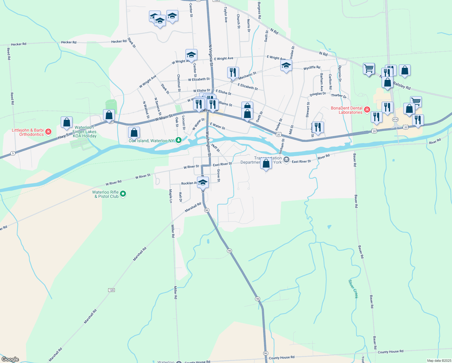 map of restaurants, bars, coffee shops, grocery stores, and more near 29 Grove St in Waterloo