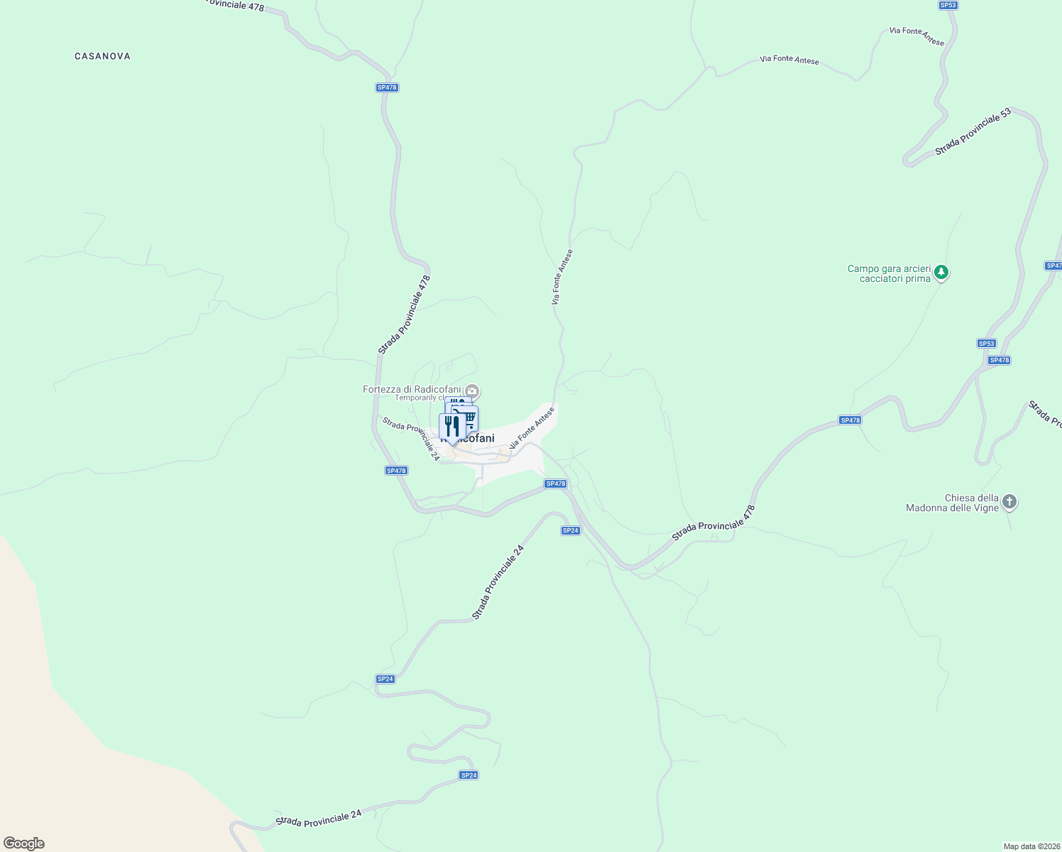 map of restaurants, bars, coffee shops, grocery stores, and more near 15 Via Fonte Antese in Radicofani