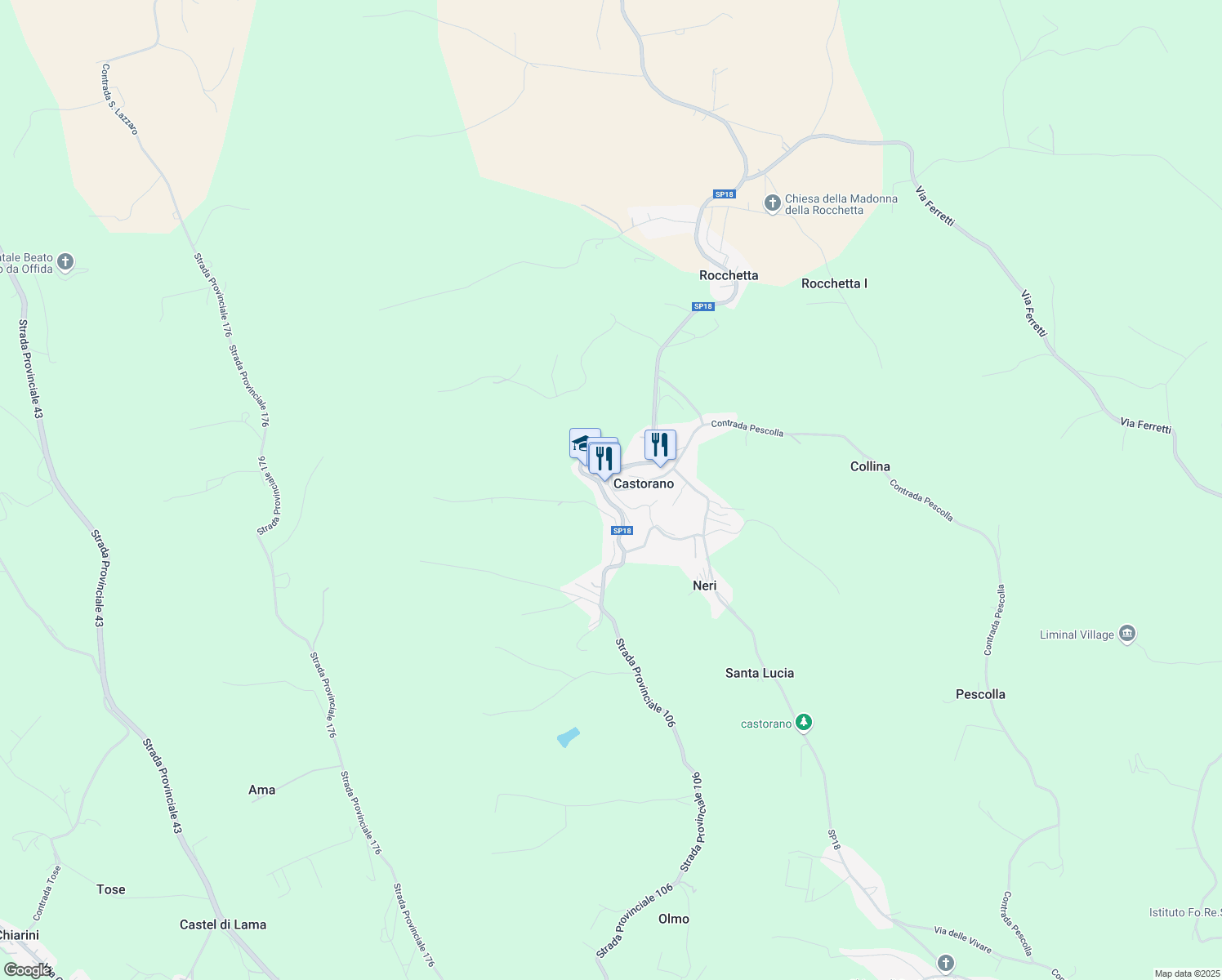 map of restaurants, bars, coffee shops, grocery stores, and more near 72 SP18 in Castorano