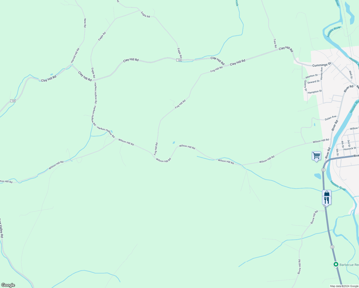 map of restaurants, bars, coffee shops, grocery stores, and more near 405 Wilson Hill Road in Hoosick