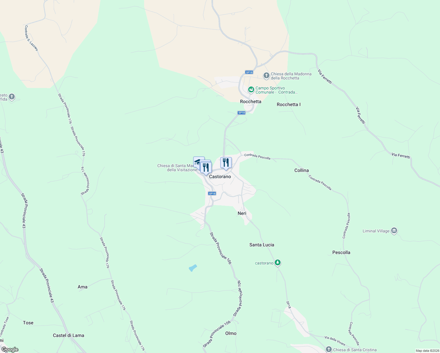 map of restaurants, bars, coffee shops, grocery stores, and more near Strada Provinciale 18 in Castorano