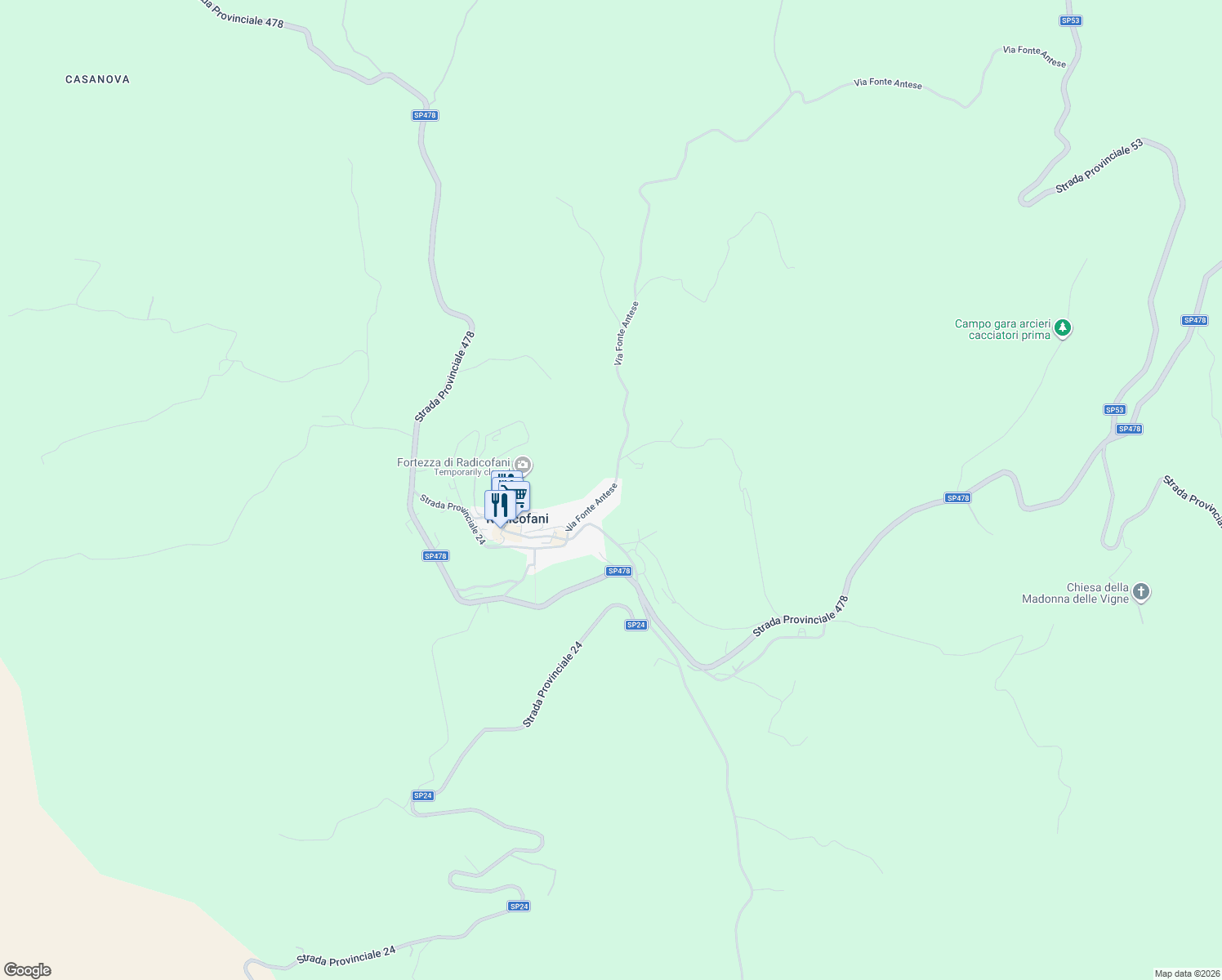 map of restaurants, bars, coffee shops, grocery stores, and more near 15 Via Fonte Antese in Radicofani