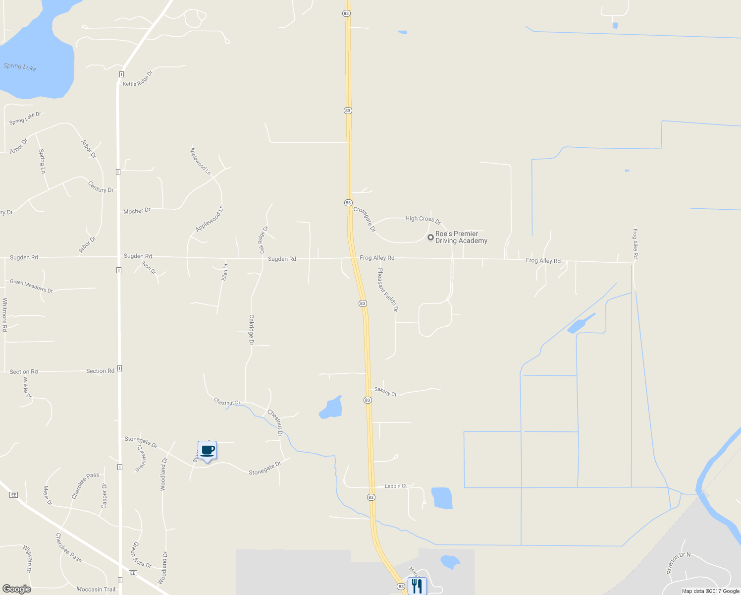 map of restaurants, bars, coffee shops, grocery stores, and more near W299S8046 Wisconsin 83 in Mukwonago