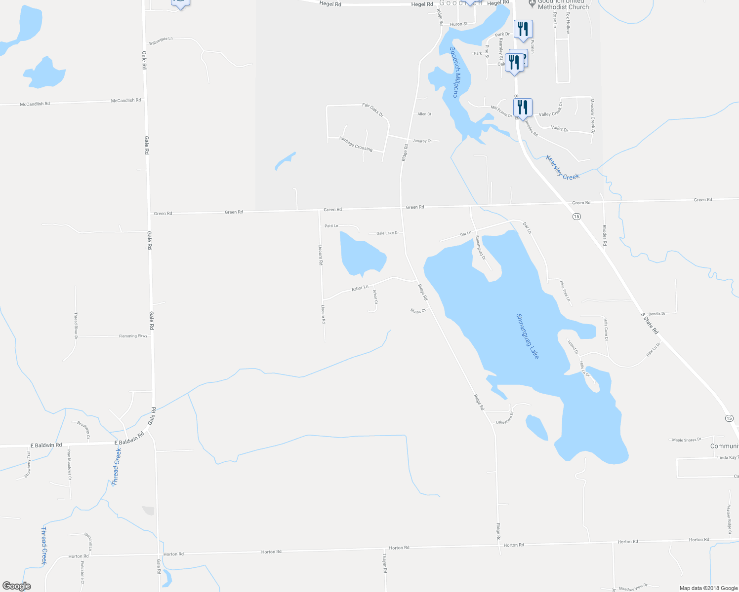 map of restaurants, bars, coffee shops, grocery stores, and more near 9222 Arbor Court in Goodrich