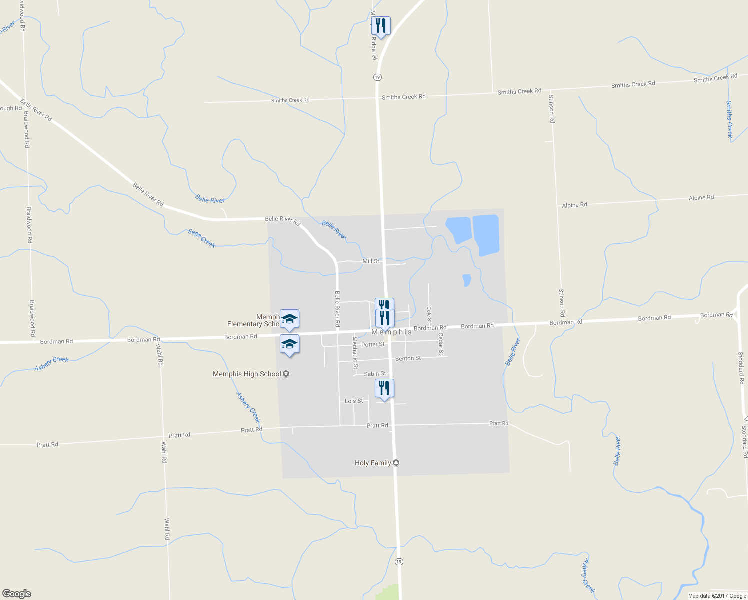 map of restaurants, bars, coffee shops, grocery stores, and more near 34825 East Maple Street in Memphis