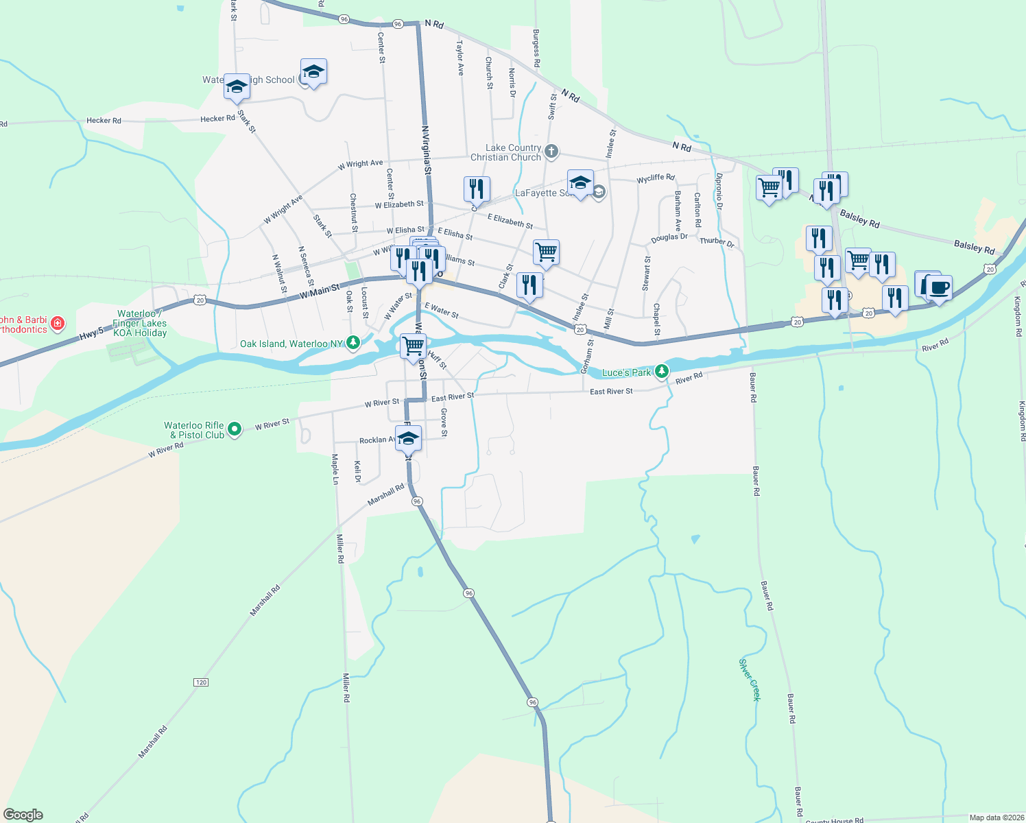 map of restaurants, bars, coffee shops, grocery stores, and more near 3 Brookside Dr in Waterloo