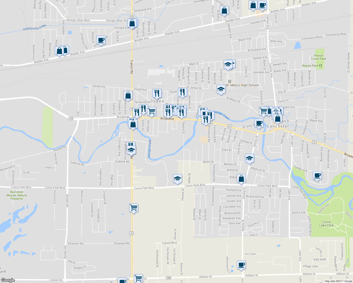 map of restaurants, bars, coffee shops, grocery stores, and more near 15 Short Street in Depew