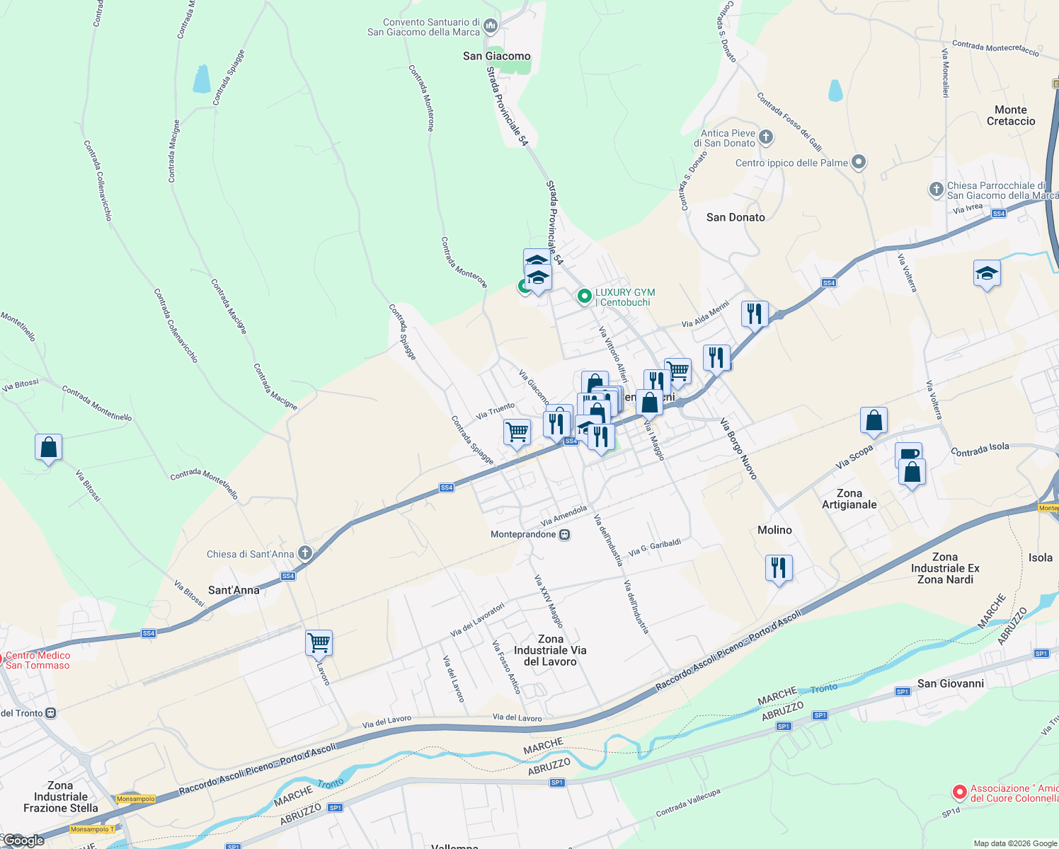map of restaurants, bars, coffee shops, grocery stores, and more near 112 Via Truento in Centobuchi