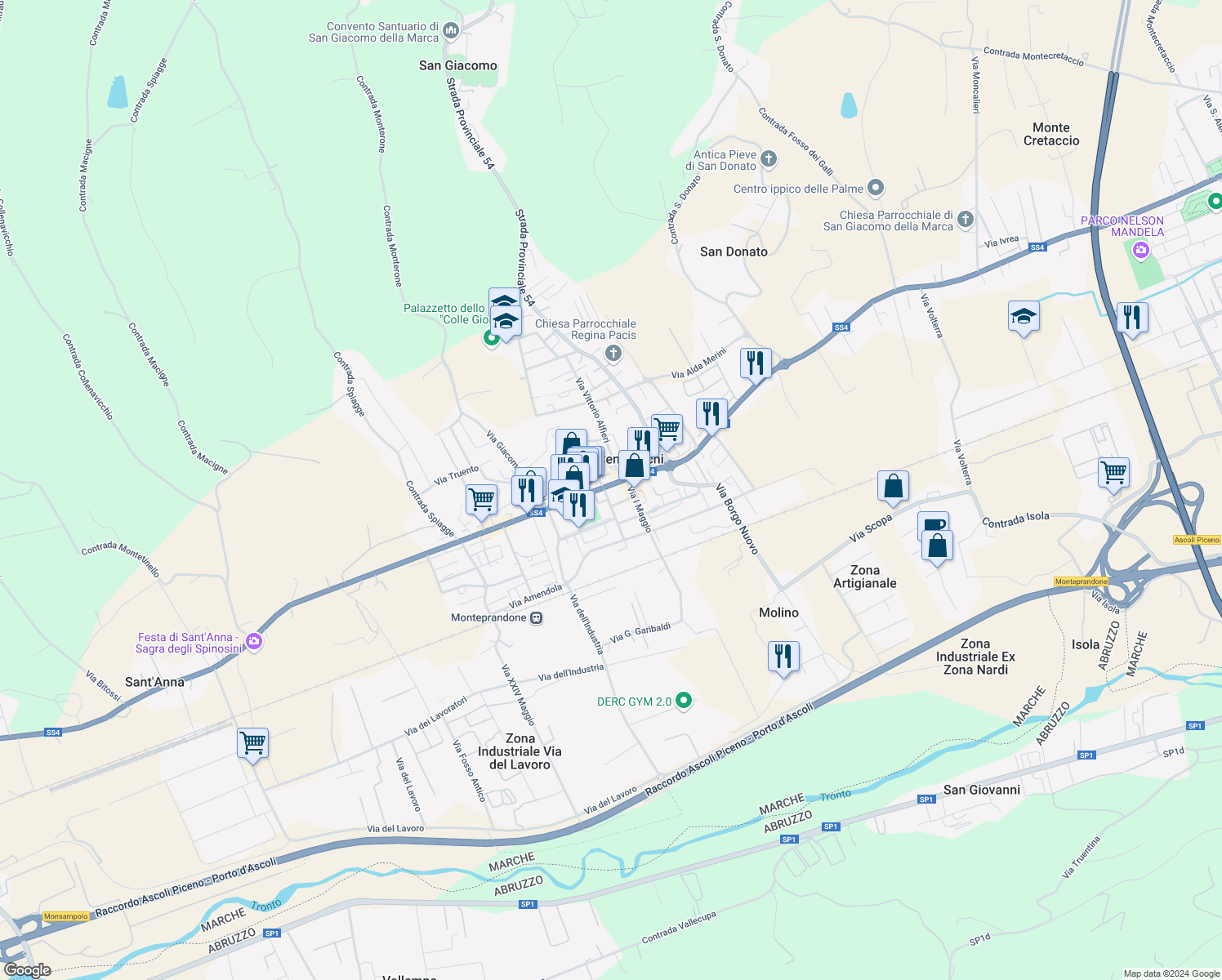 map of restaurants, bars, coffee shops, grocery stores, and more near 73 Viale Alcide De Gasperi in Centobuchi
