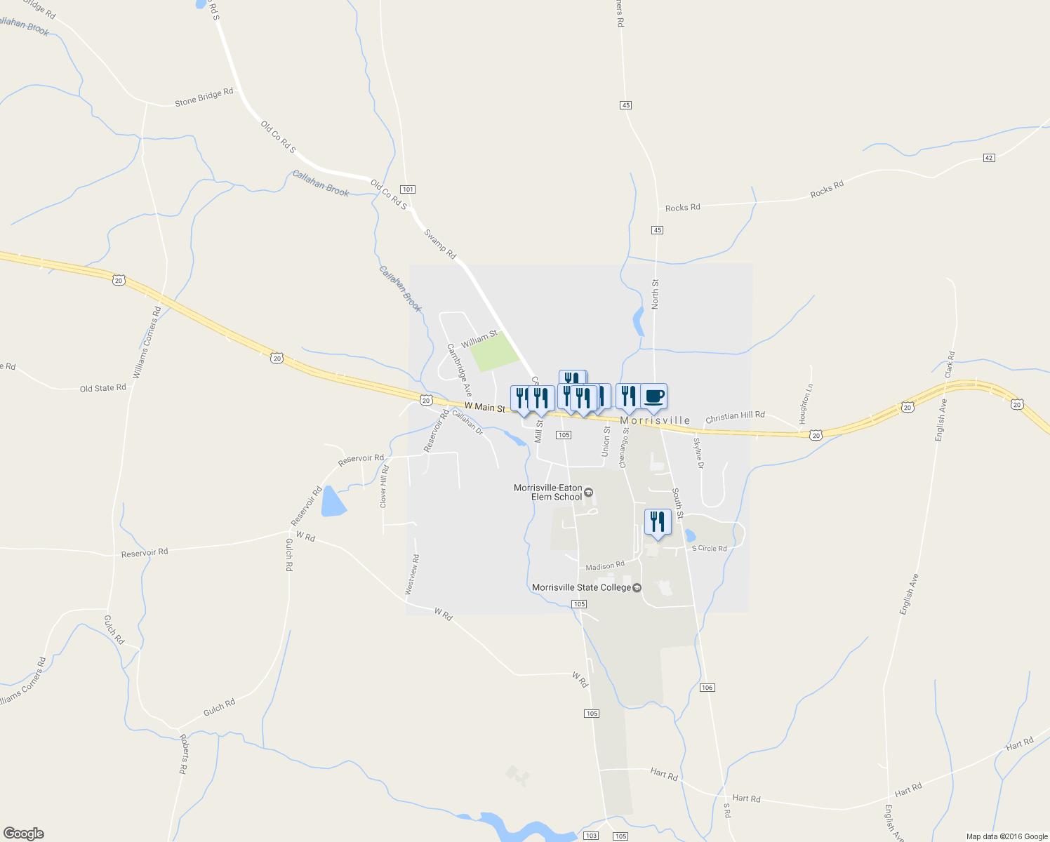 map of restaurants, bars, coffee shops, grocery stores, and more near 37 West Main Street in Morrisville