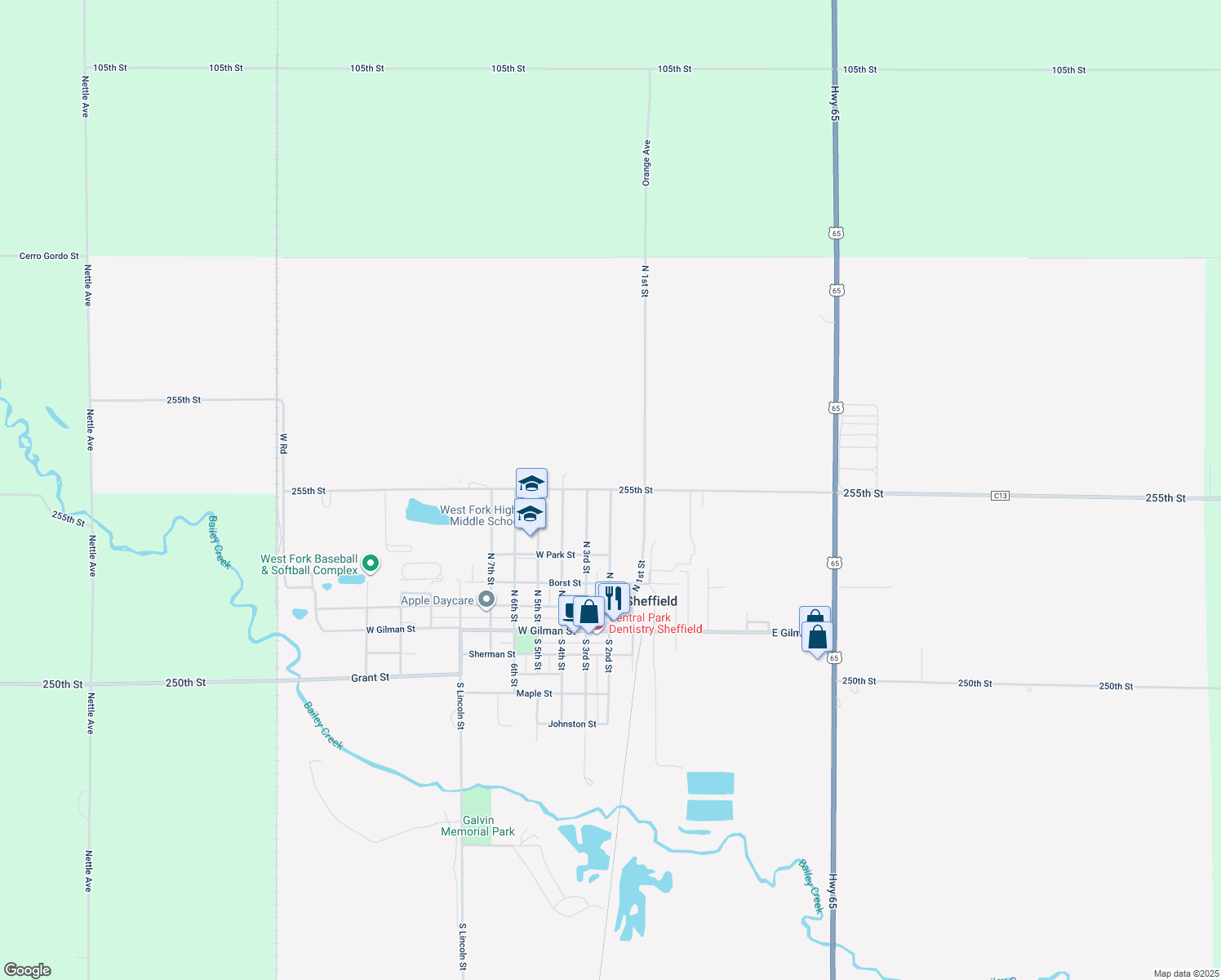 map of restaurants, bars, coffee shops, grocery stores, and more near 1489 255th St in Sheffield