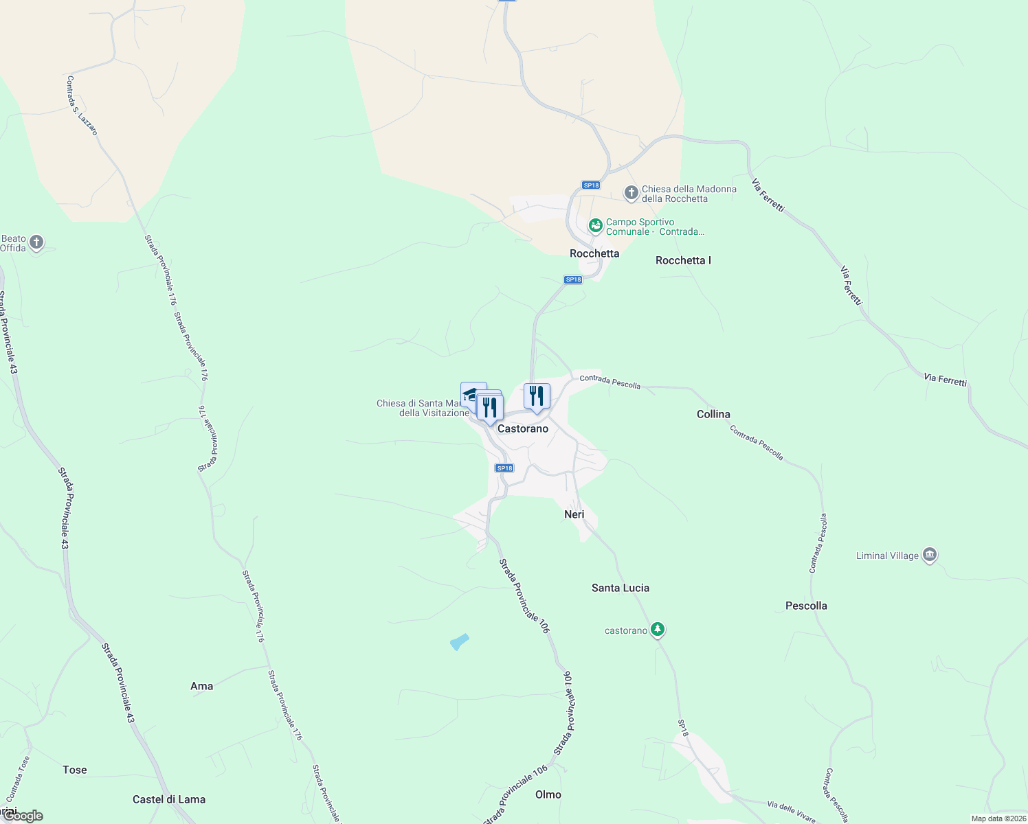map of restaurants, bars, coffee shops, grocery stores, and more near Strada Provinciale 18 in Castorano