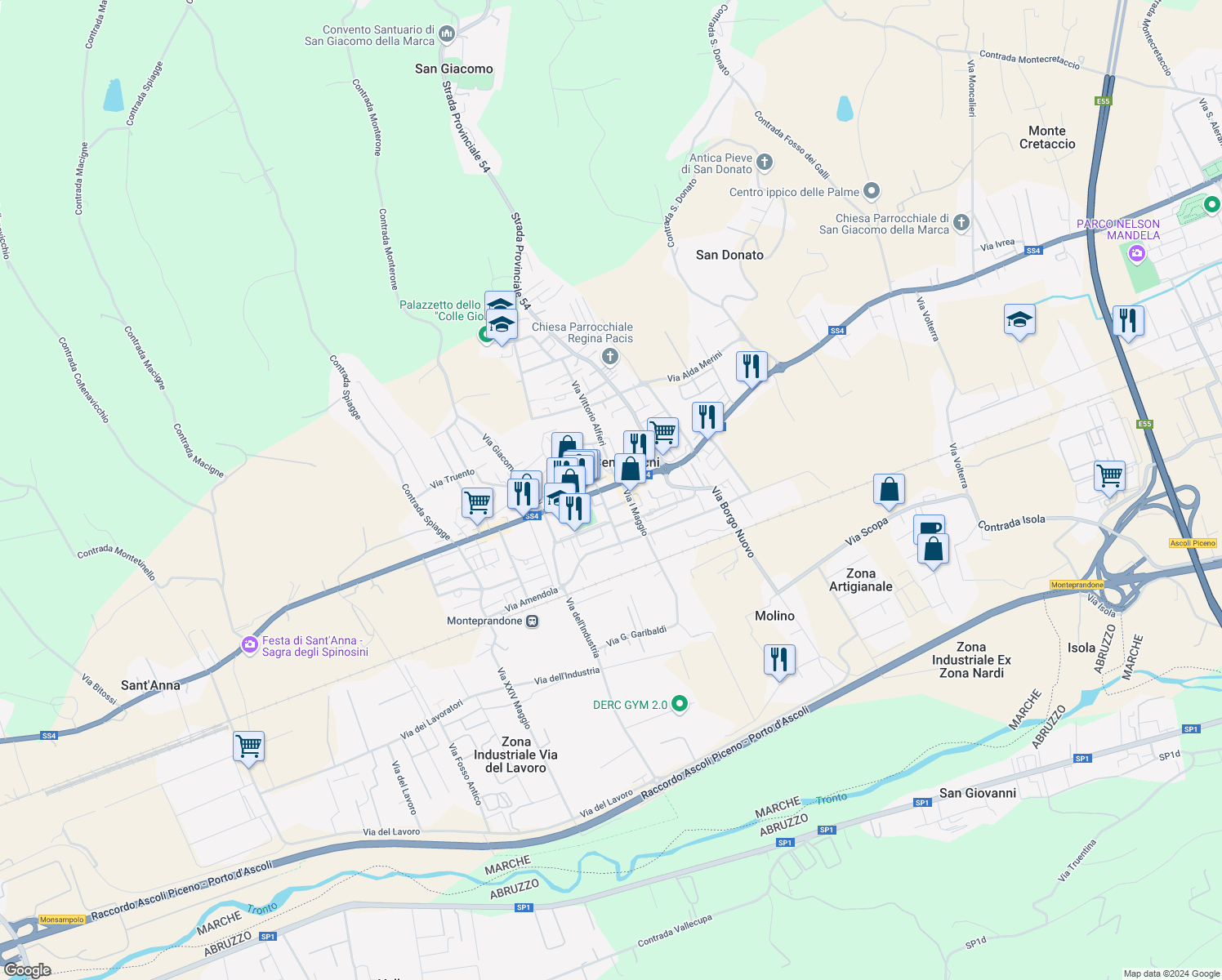 map of restaurants, bars, coffee shops, grocery stores, and more near 73 Viale Alcide De Gasperi in Centobuchi