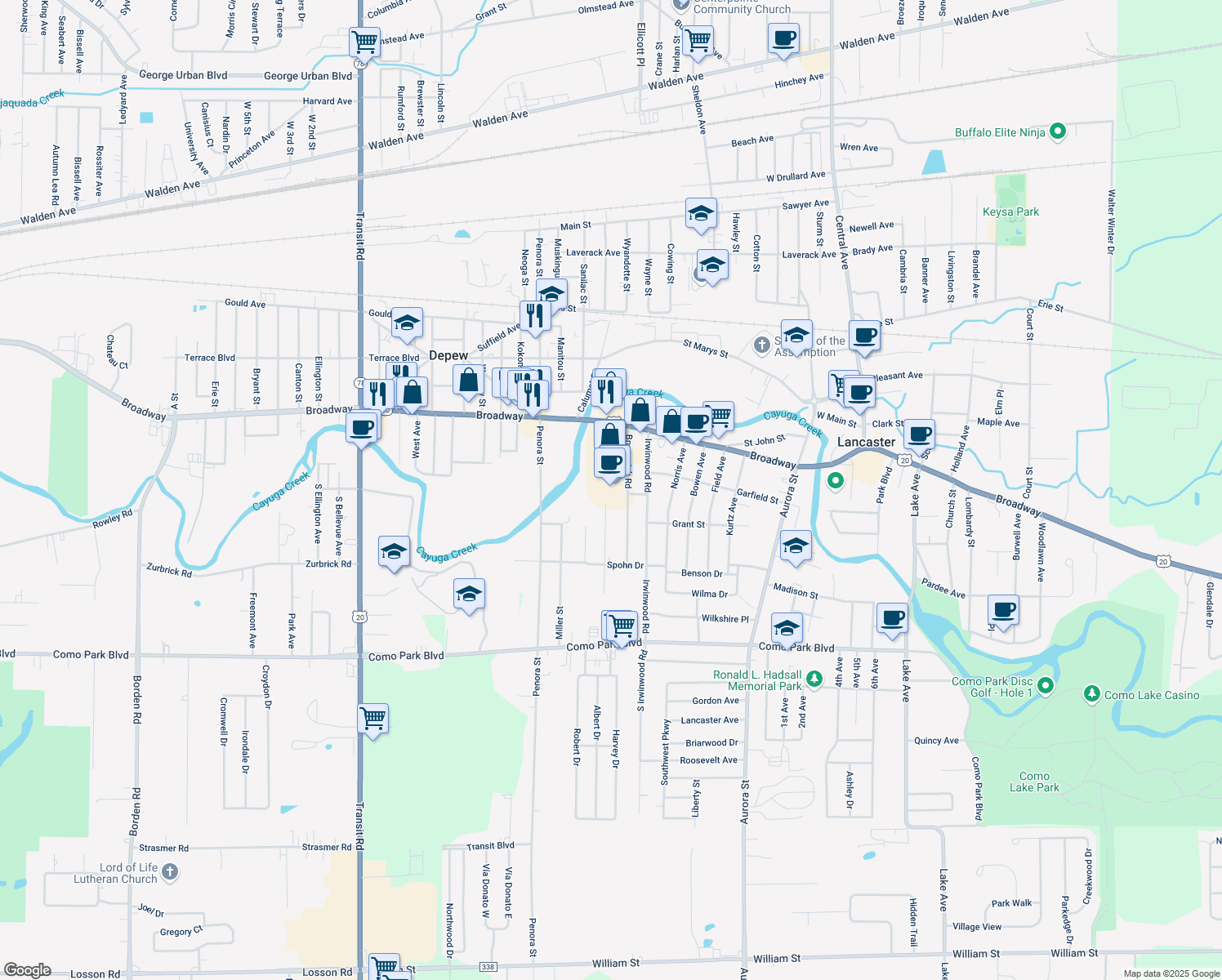 map of restaurants, bars, coffee shops, grocery stores, and more near 5175 Broadway in Depew