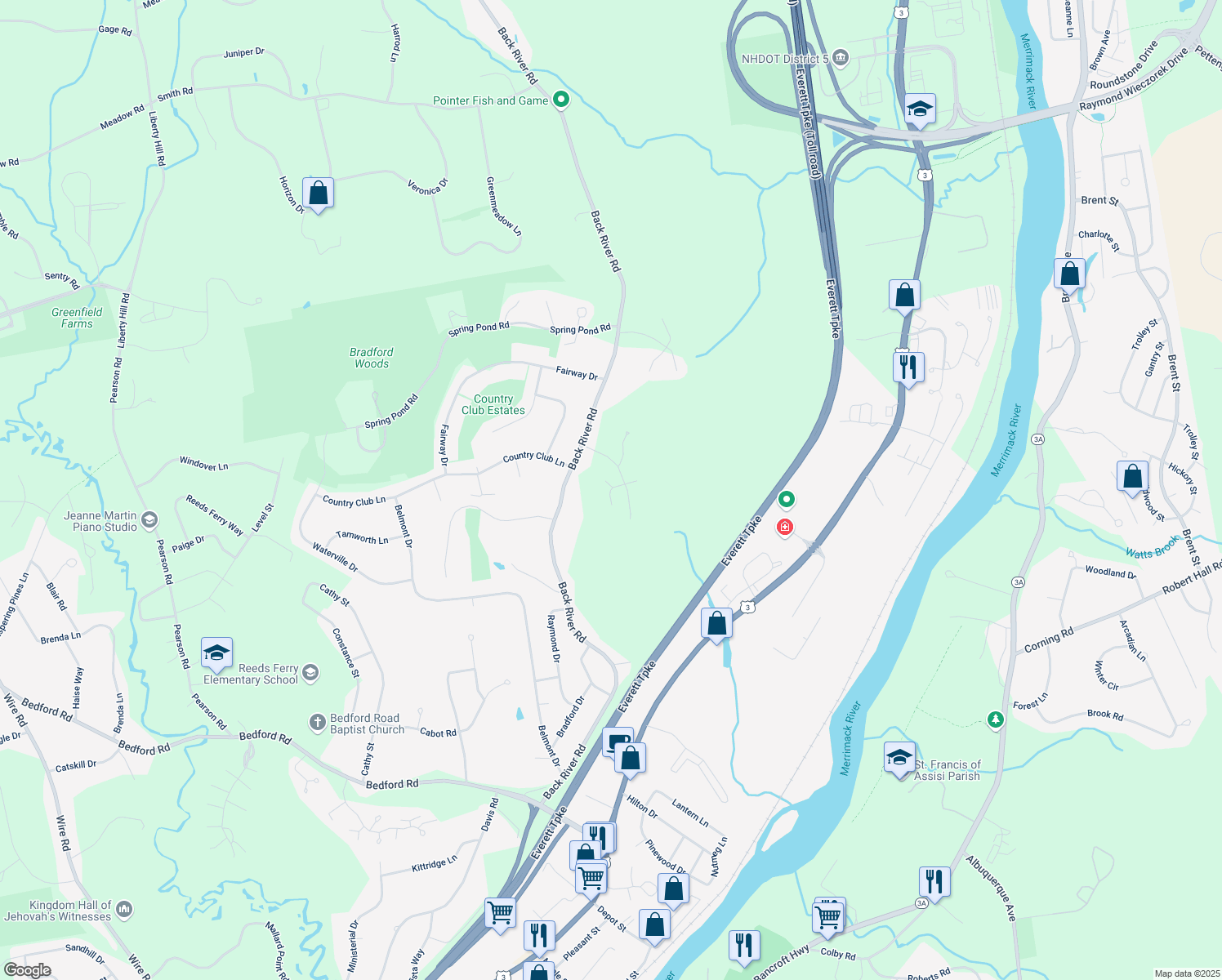 map of restaurants, bars, coffee shops, grocery stores, and more near 8 Dumpling Way in Merrimack