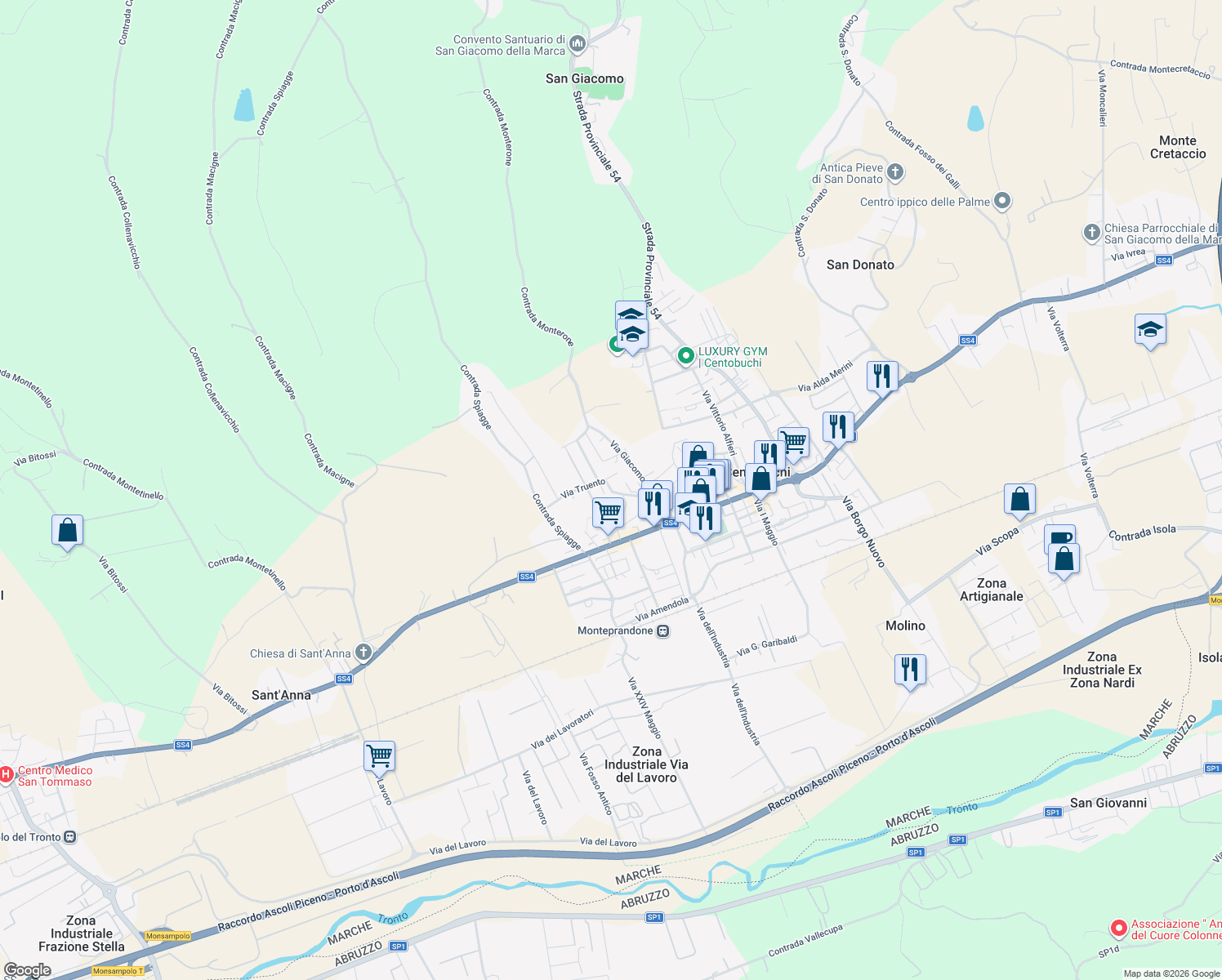 map of restaurants, bars, coffee shops, grocery stores, and more near 112 Via Truento in Centobuchi