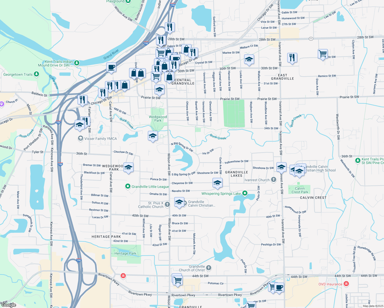 map of restaurants, bars, coffee shops, grocery stores, and more near 3860 N Big Spring Drive Southwest in Grandville