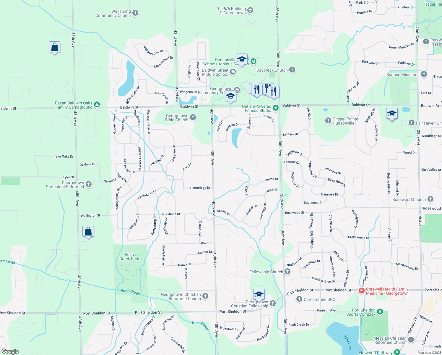 map of restaurants, bars, coffee shops, grocery stores, and more near 7160 40th Avenue in Hudsonville