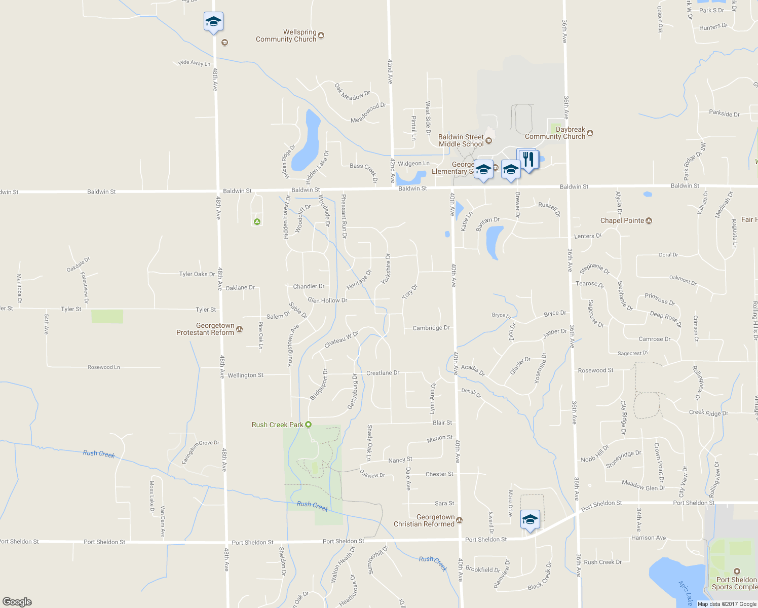 map of restaurants, bars, coffee shops, grocery stores, and more near 4305 Yorkshire Drive in Hudsonville