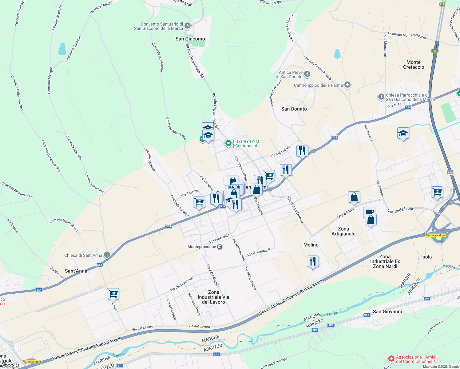 map of restaurants, bars, coffee shops, grocery stores, and more near 45 Via Ugo Foscolo in Centobuchi